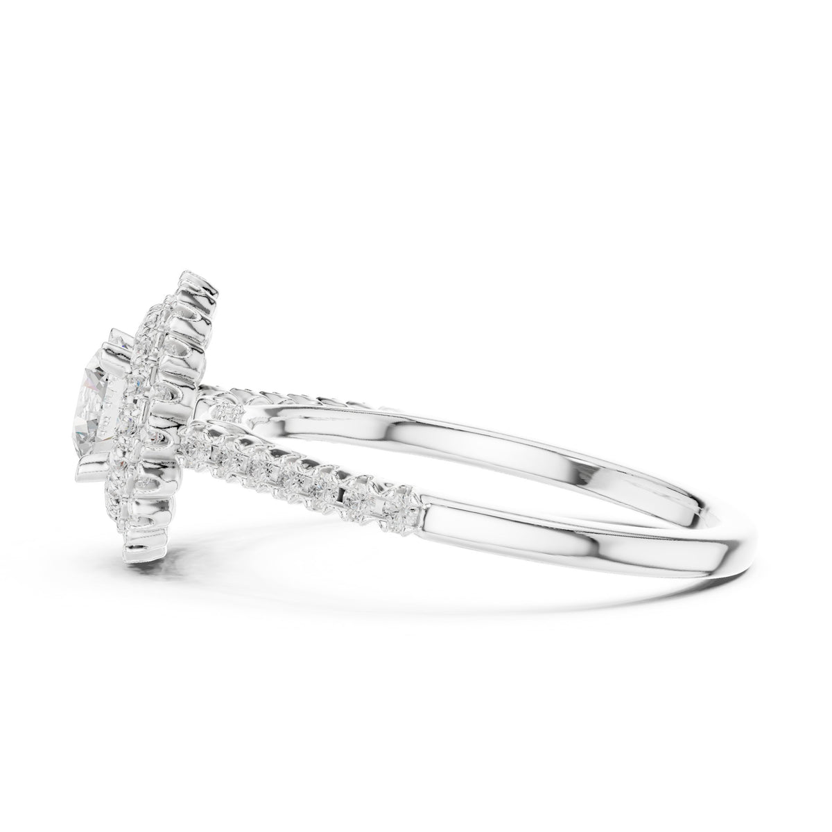 Round Diamond Double Halo Engagement Ring with Pavé Band