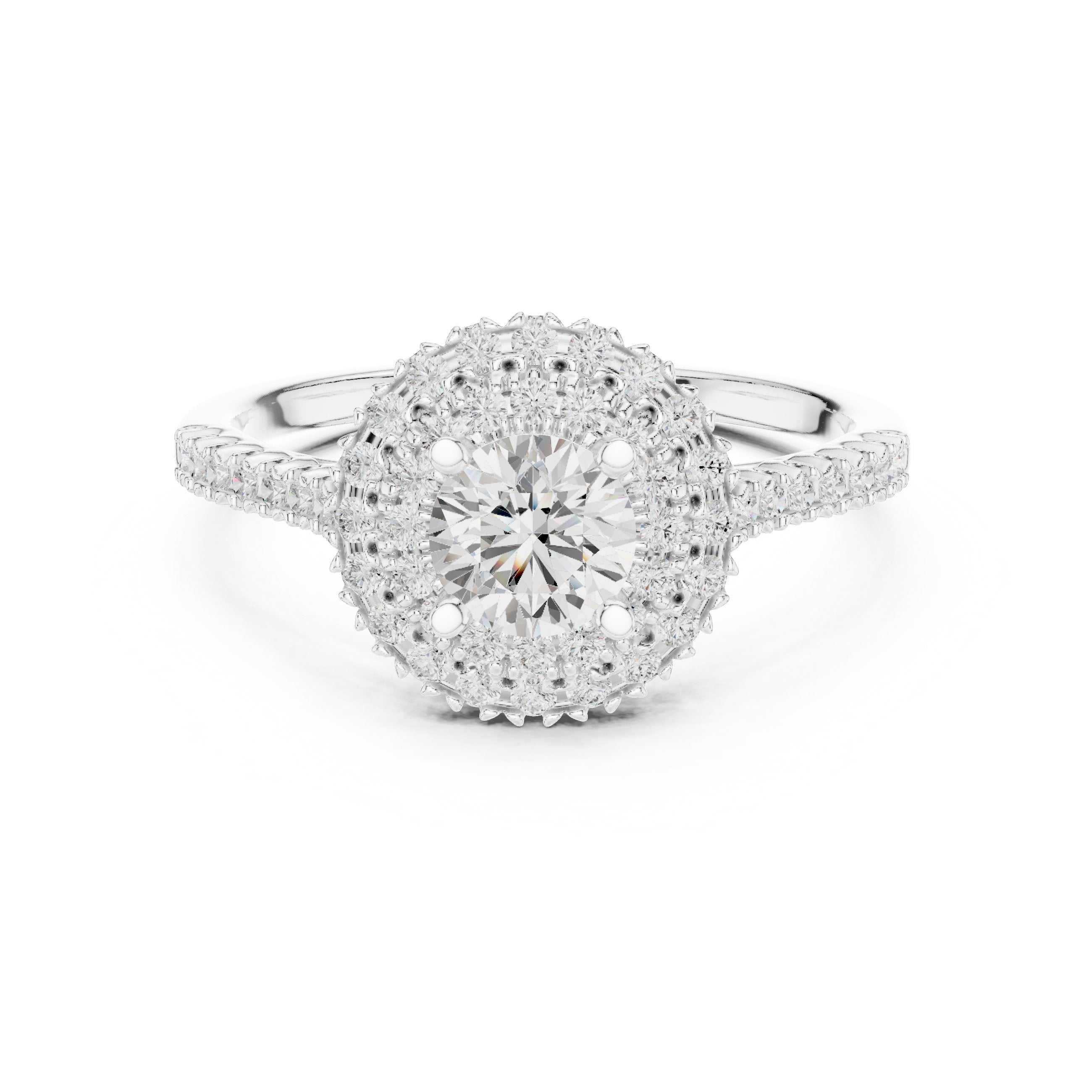 خاتم خطوبة ألماس مستدير بهالة مزدوجة وسوار بافيه in White Gold - VYKA Diamonds