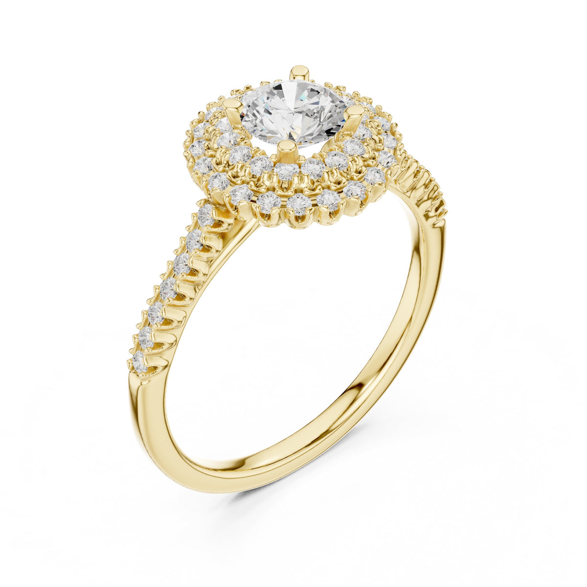 Round Diamond Double Halo Engagement Ring with Pavé Band