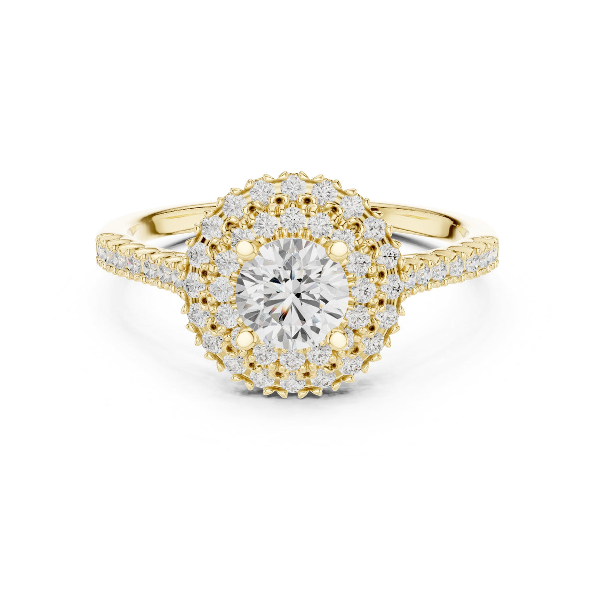 Round Diamond Double Halo Engagement Ring with Pavé Band