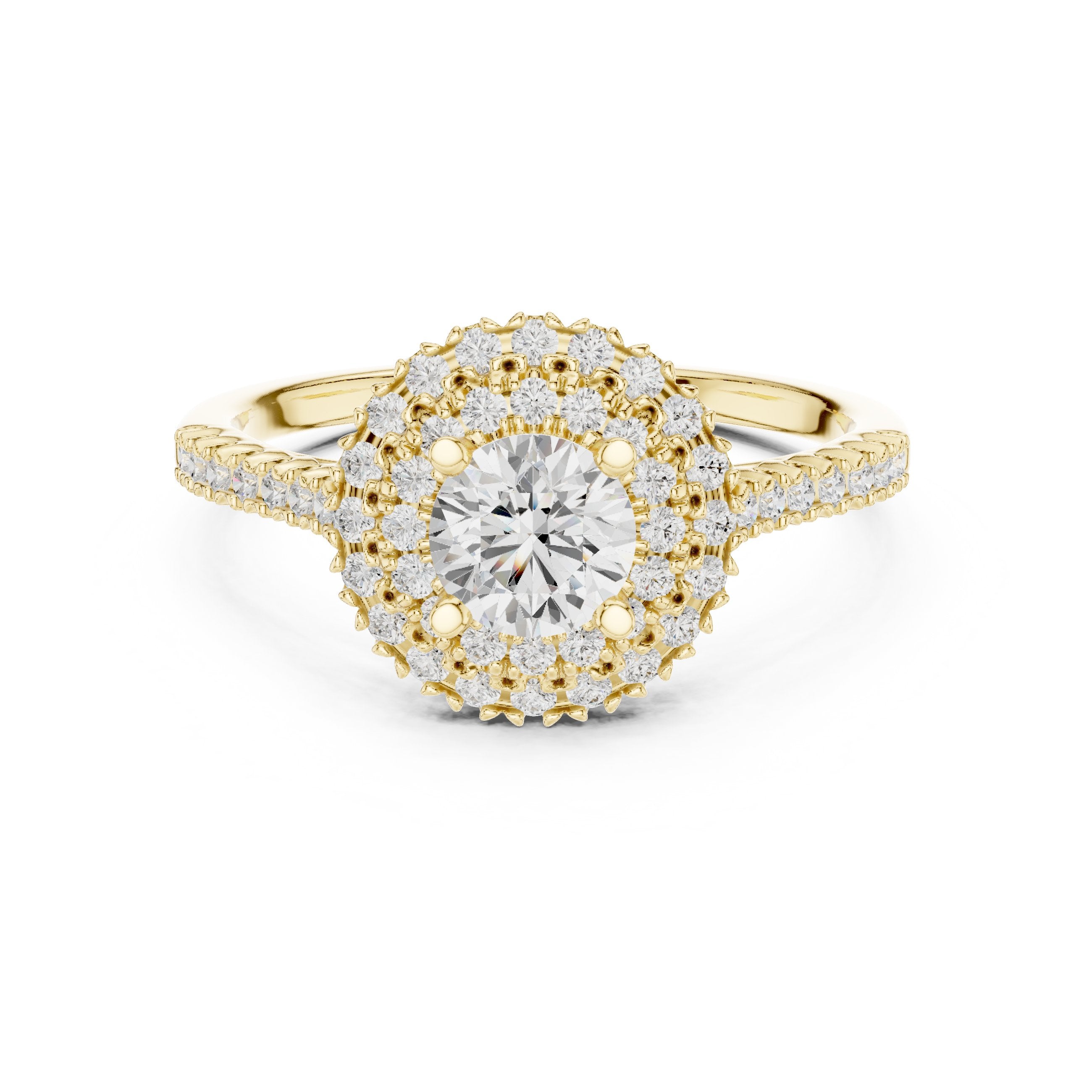 خاتم خطوبة ألماس مستدير بهالة مزدوجة وسوار بافيه in Yellow Gold - VYKA Diamonds