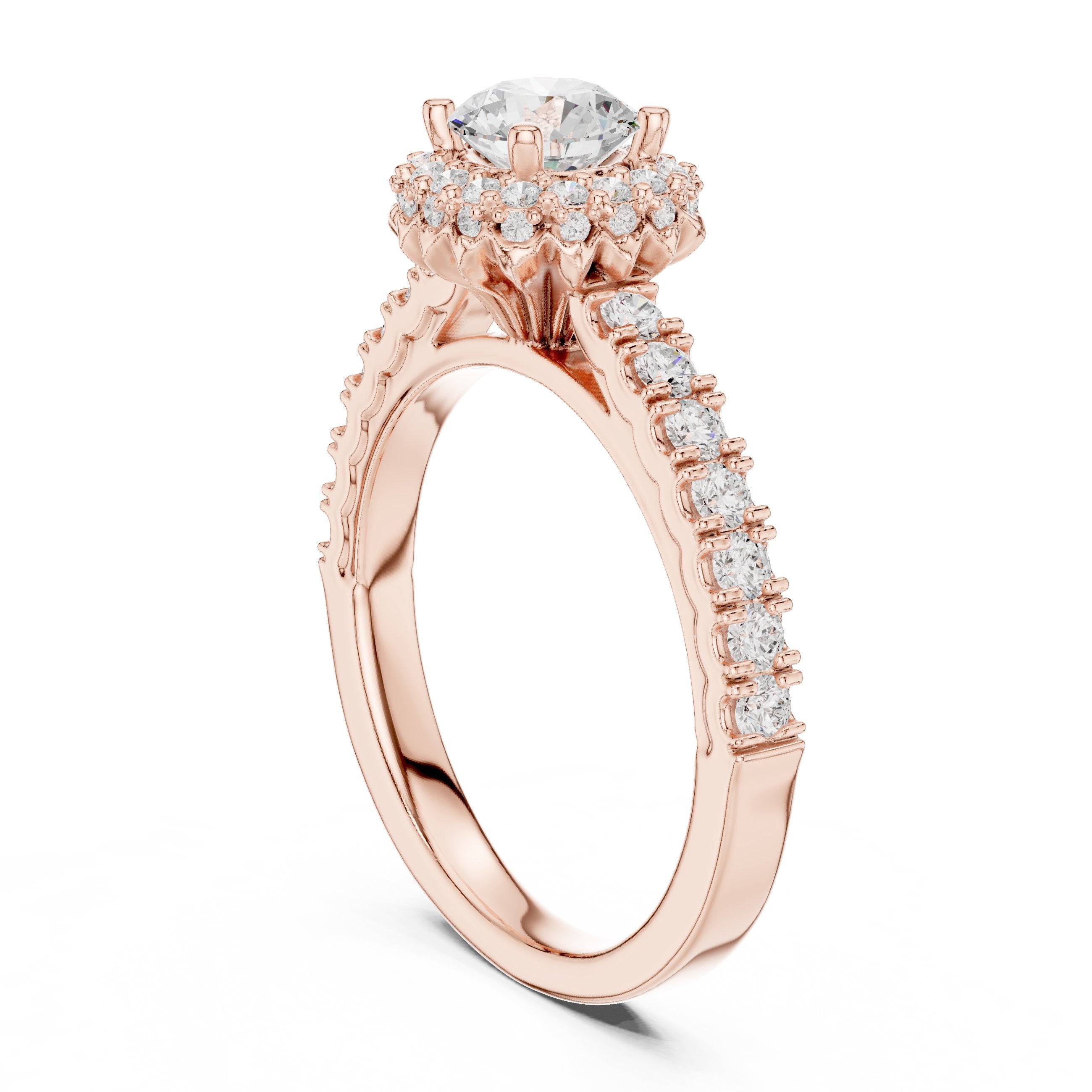 Round Diamond Flower Halo Engagement Ring with Pavé Band in Rose Gold - VYKA Diamonds