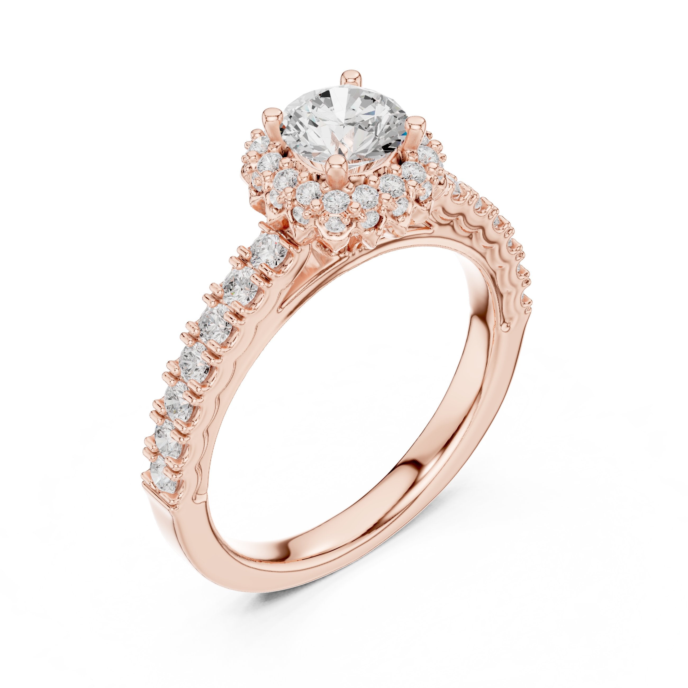 Round Diamond Flower Halo Engagement Ring with Pavé Band in Rose Gold - VYKA Diamonds