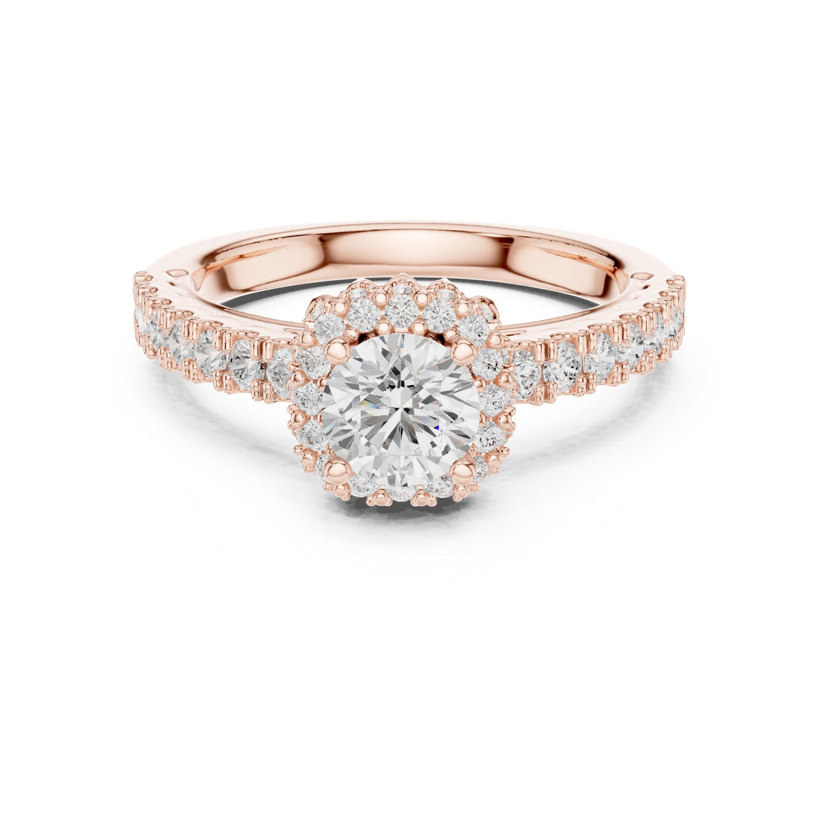 Round Diamond Flower Halo Engagement Ring with Pavé Band