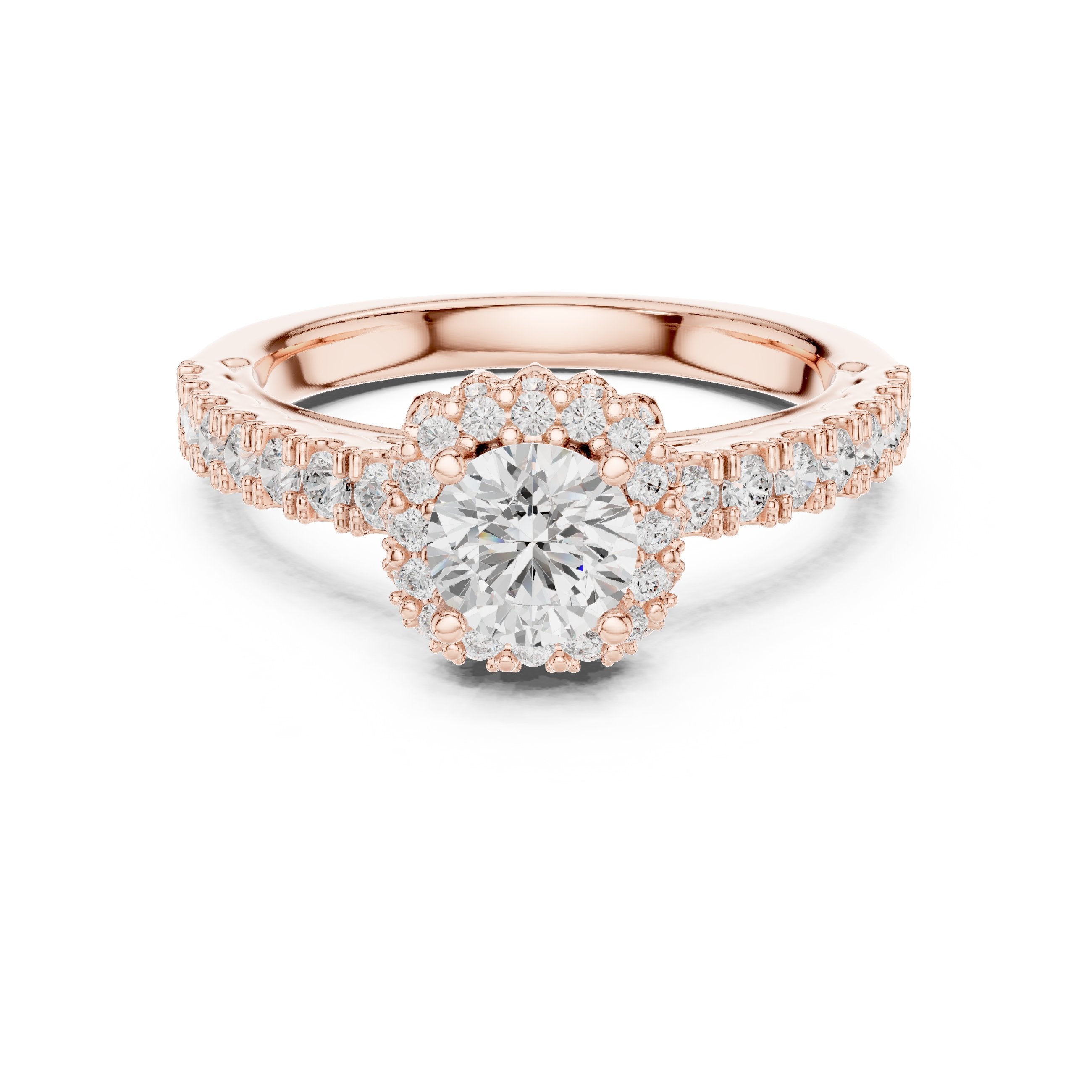 Round Diamond Flower Halo Engagement Ring with Pavé Band in Rose Gold - VYKA Diamonds
