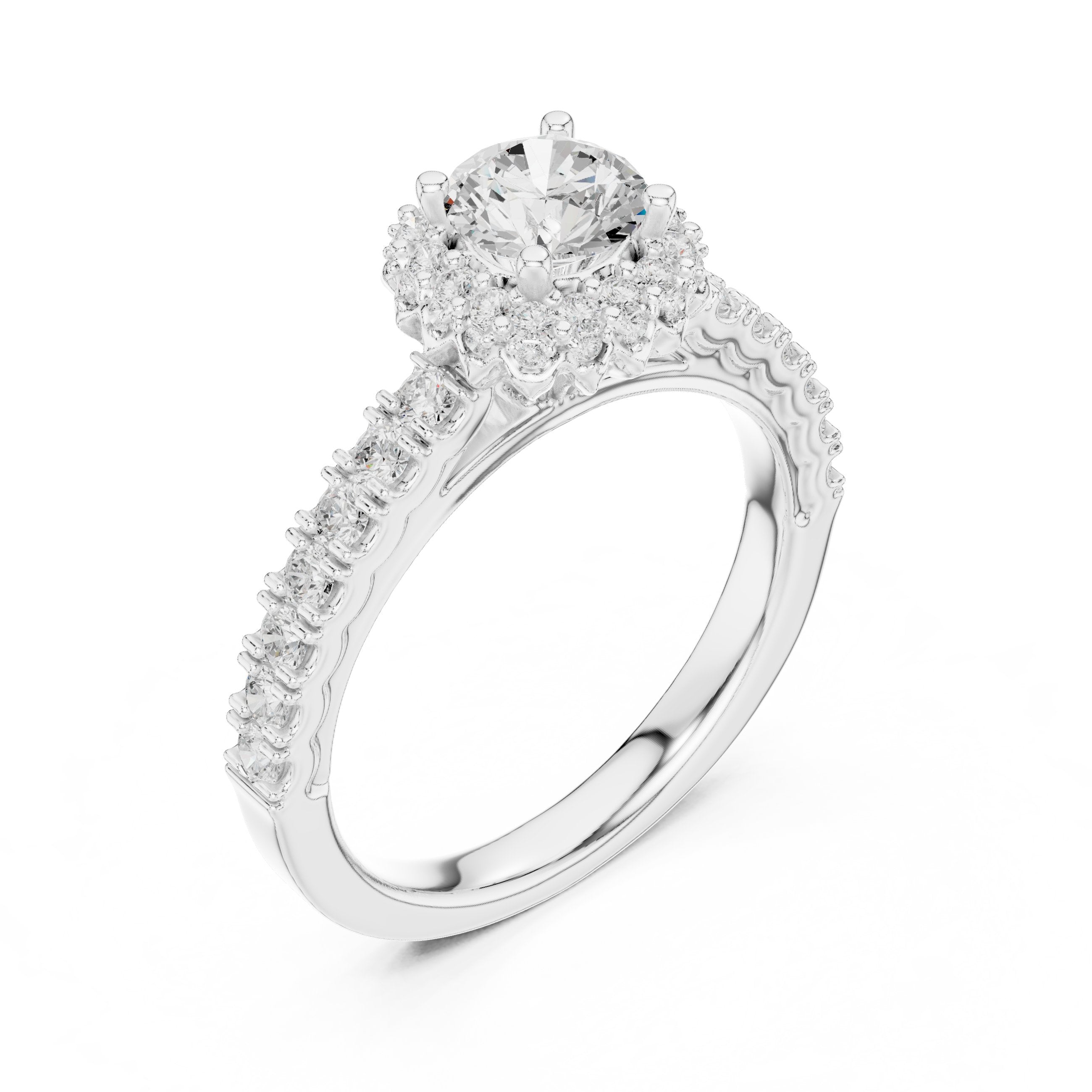 Round Diamond Flower Halo Engagement Ring with Pavé Band in White Gold - VYKA Diamonds