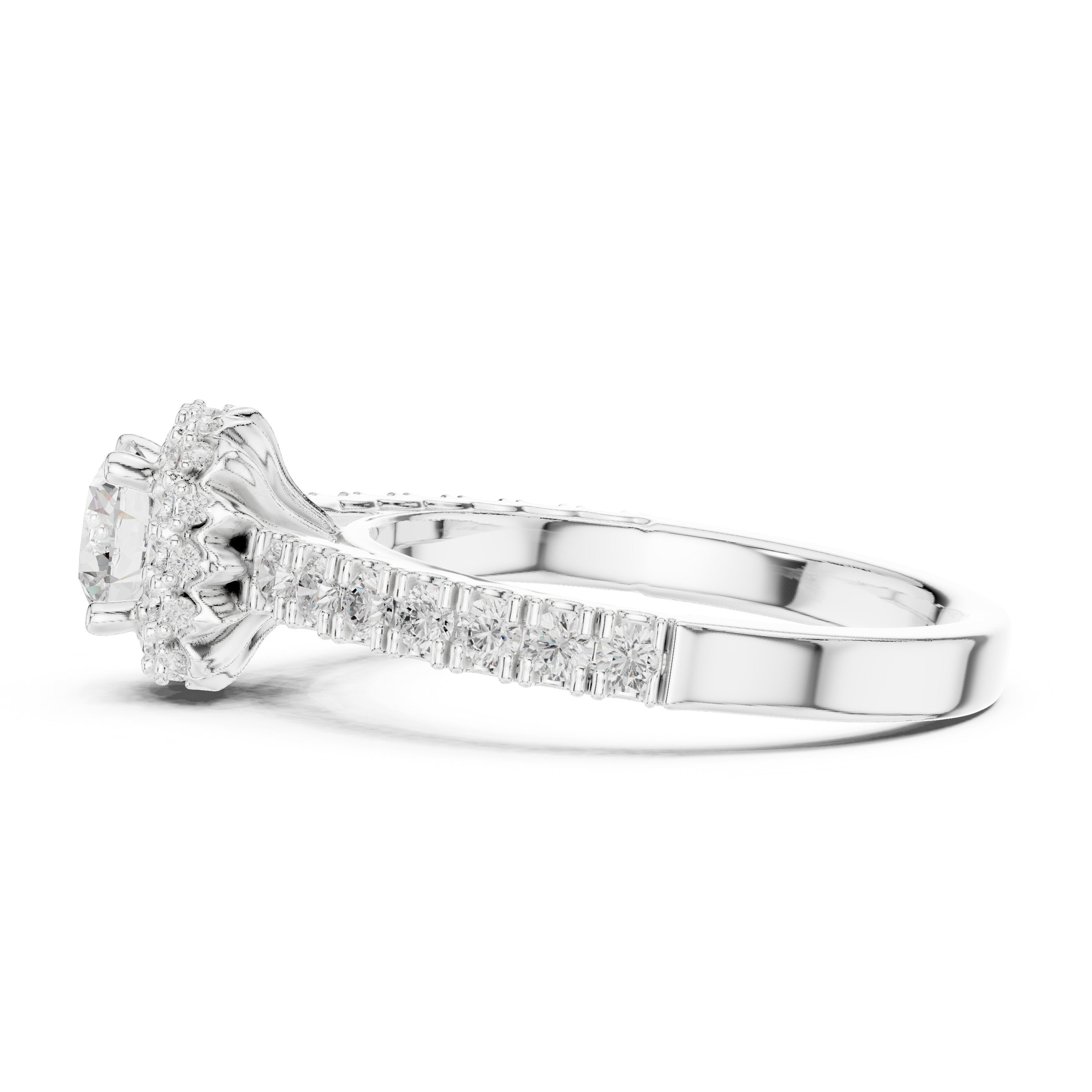 Round Diamond Flower Halo Engagement Ring with Pavé Band in White Gold - VYKA Diamonds
