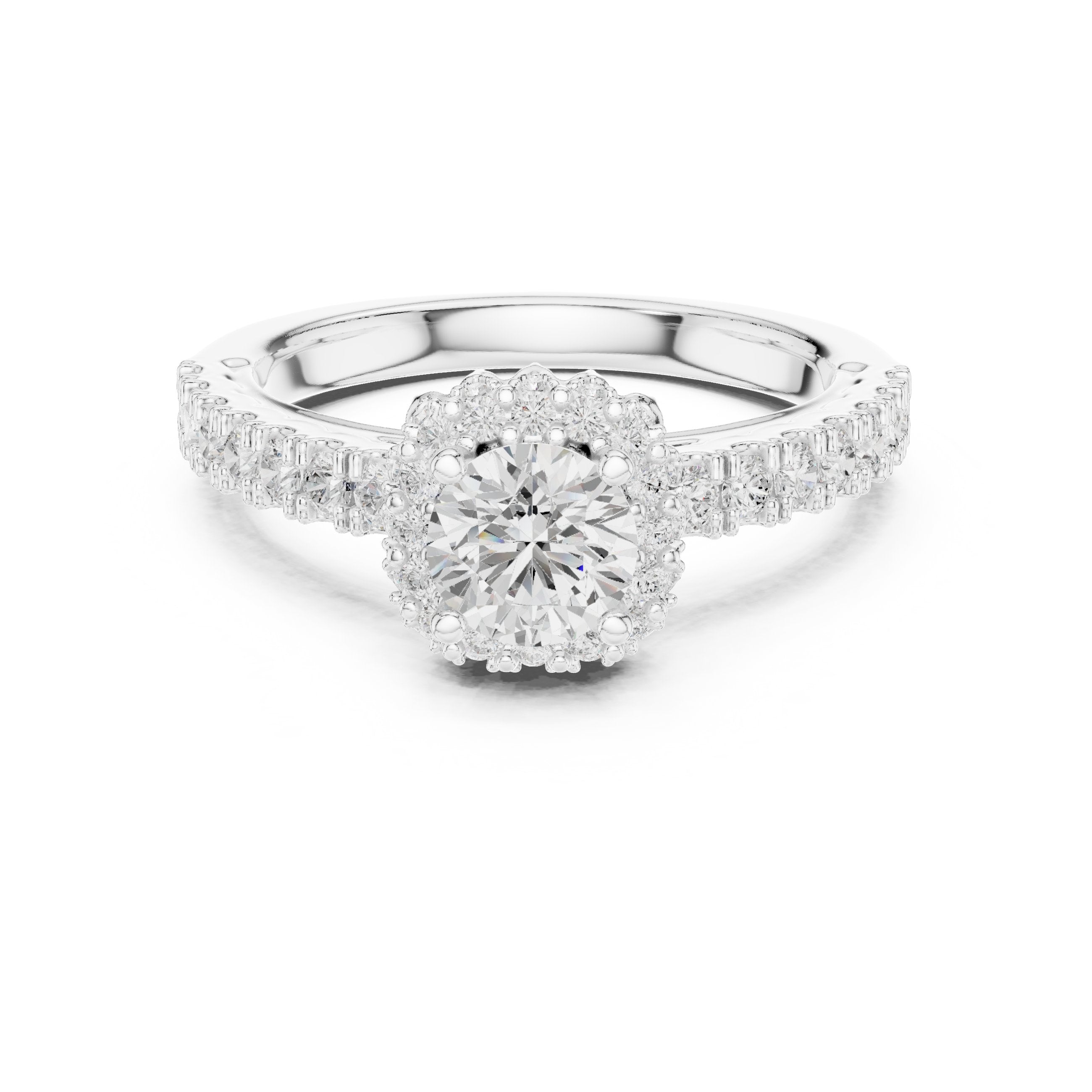 Round Diamond Flower Halo Engagement Ring with Pavé Band in White Gold - VYKA Diamonds