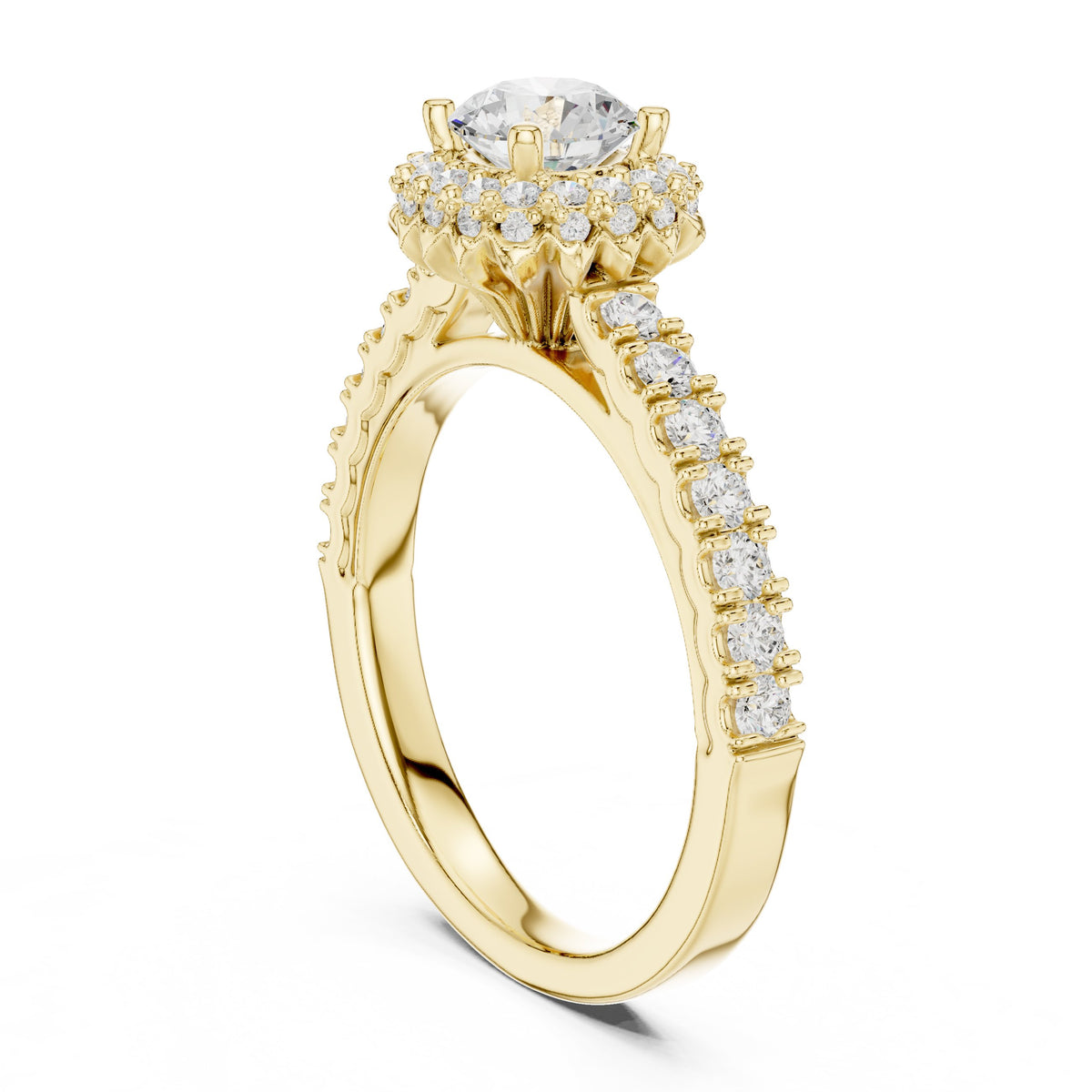 Round Diamond Flower Halo Engagement Ring with Pavé Band