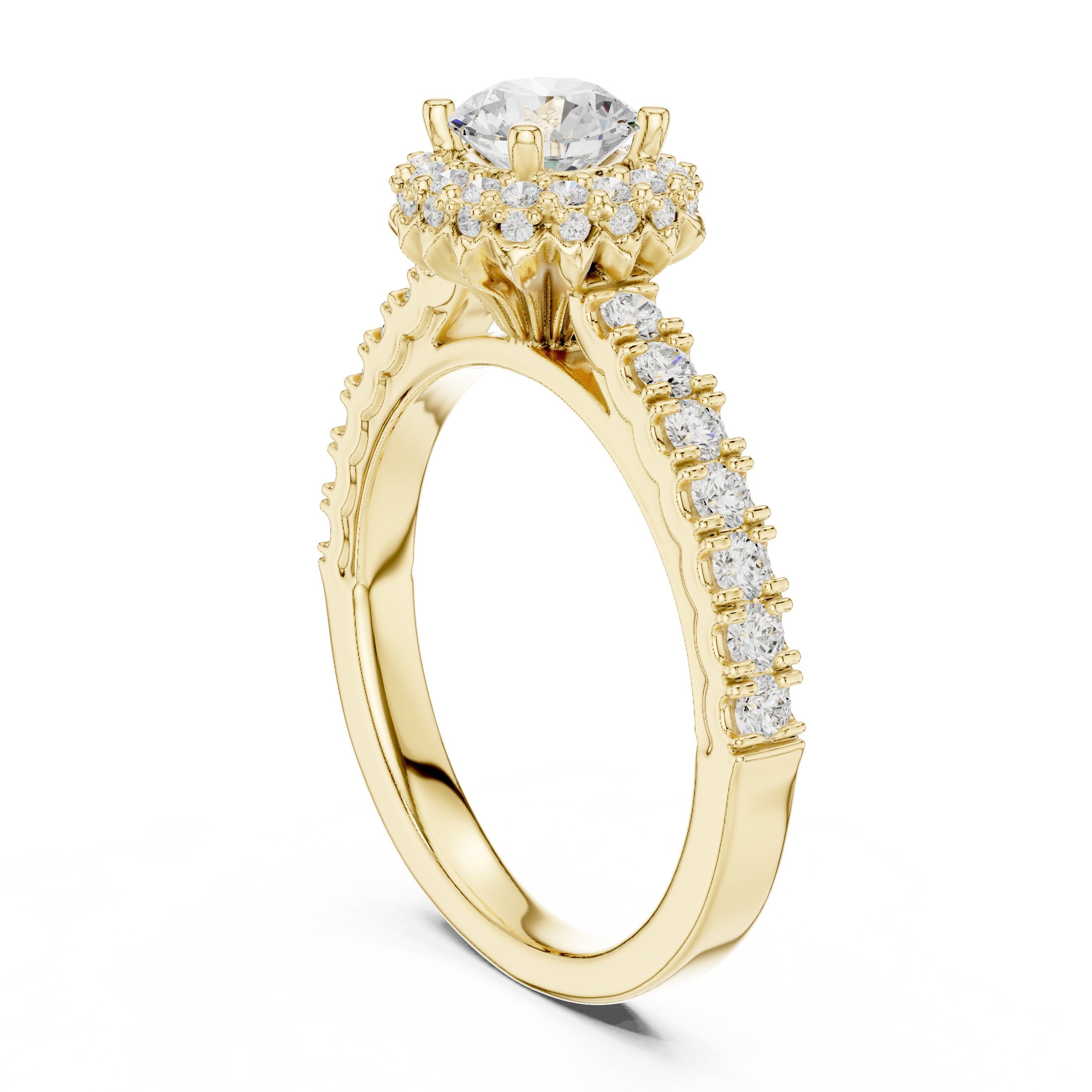 Round Diamond Flower Halo Engagement Ring with Pavé Band in Yellow Gold - VYKA Diamonds