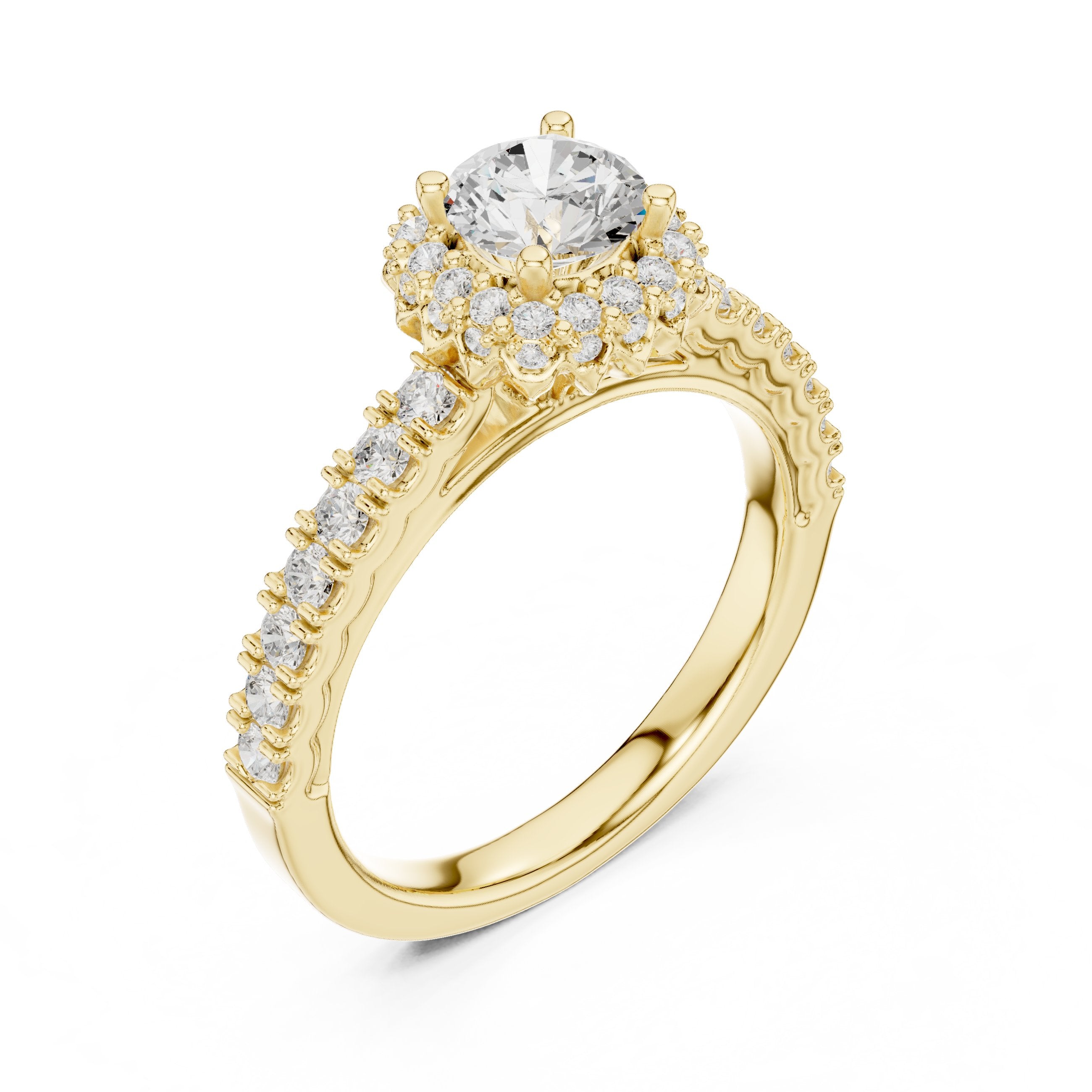 Round Diamond Flower Halo Engagement Ring with Pavé Band in Yellow Gold - VYKA Diamonds