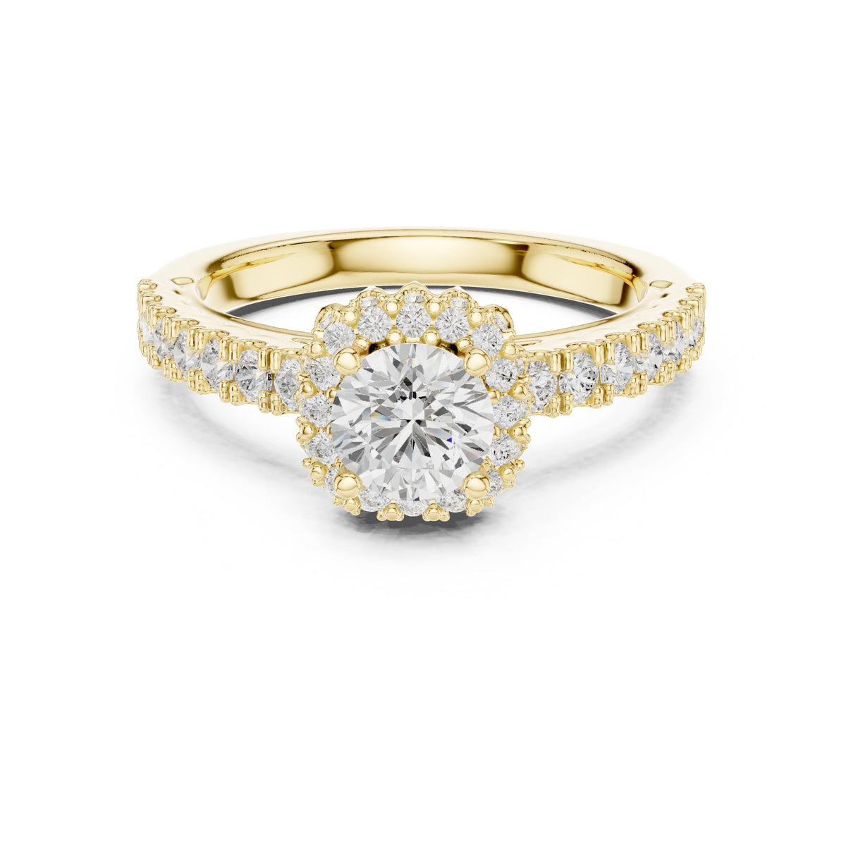 Round Diamond Flower Halo Engagement Ring with Pavé Band
