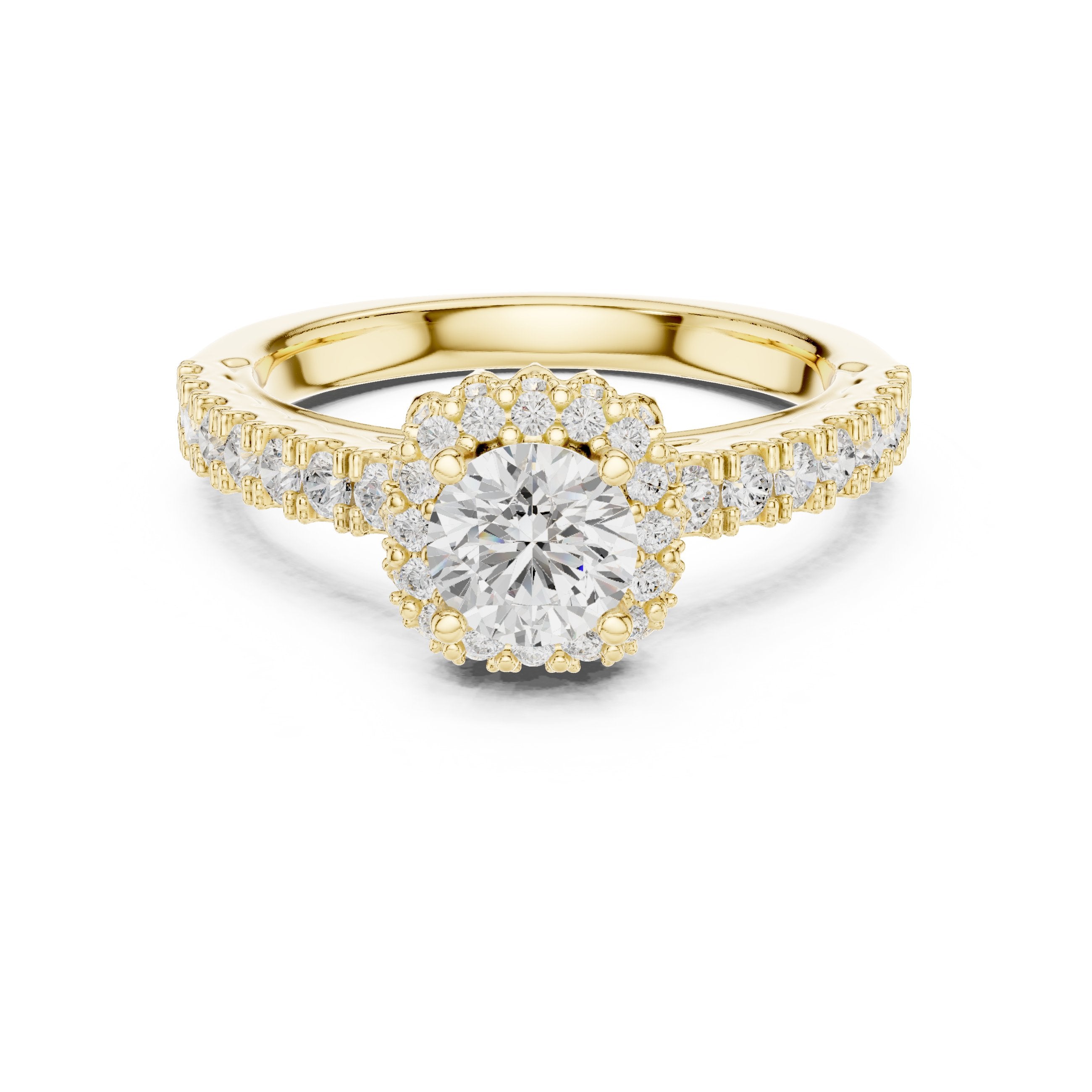 Round Diamond Flower Halo Engagement Ring with Pavé Band in Yellow Gold - VYKA Diamonds