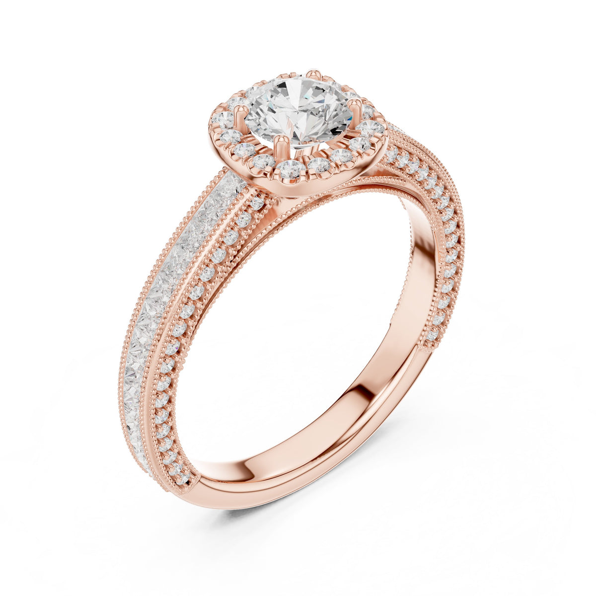 Round Diamond Cushion Halo Engagement Ring with Channel Set Pavé Band and Milgrain