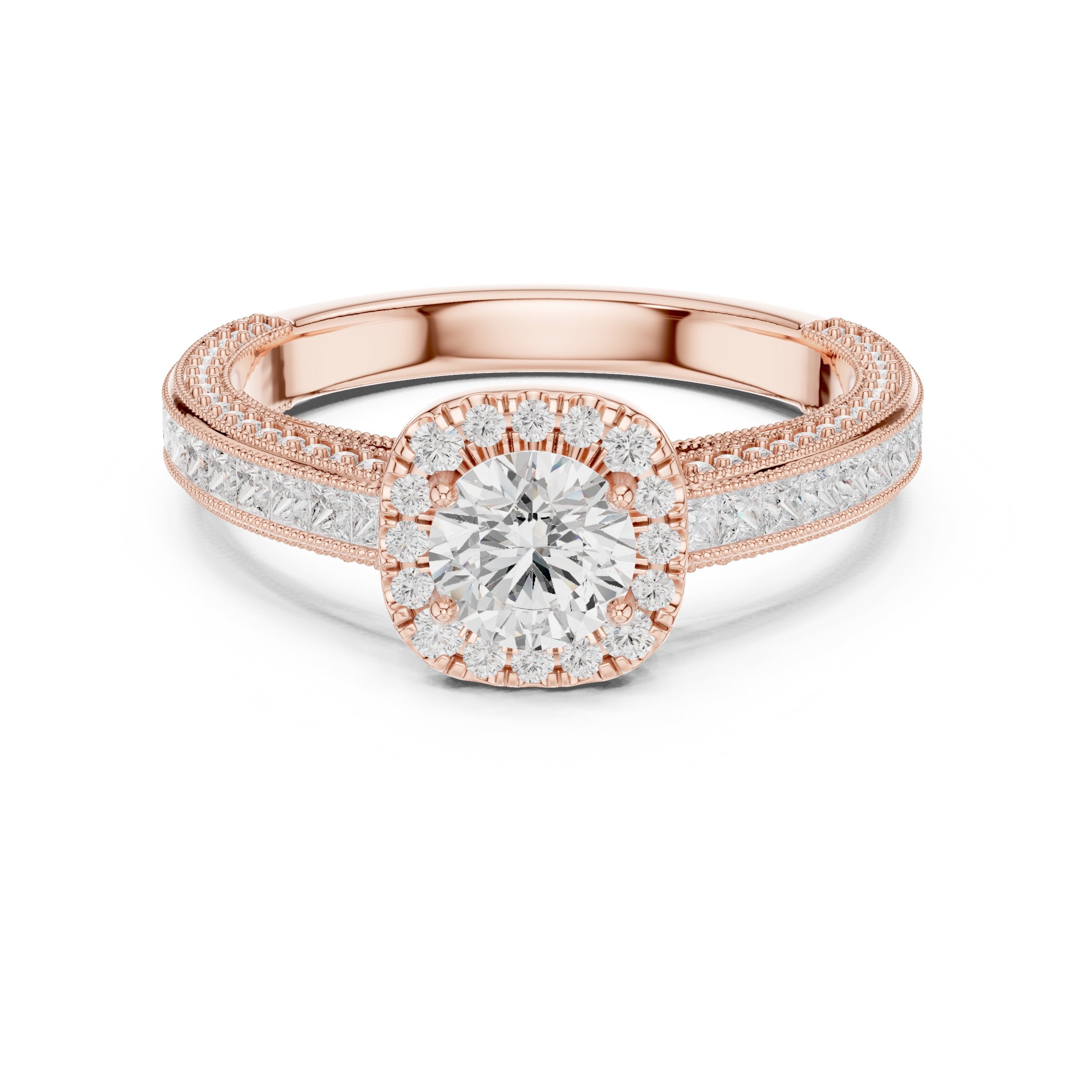 خاتم خطوبة ألماس مستدير بهالة وسادية وسوار بافيه قنوي بحافة ميلغرين in Rose Gold - VYKA Diamonds