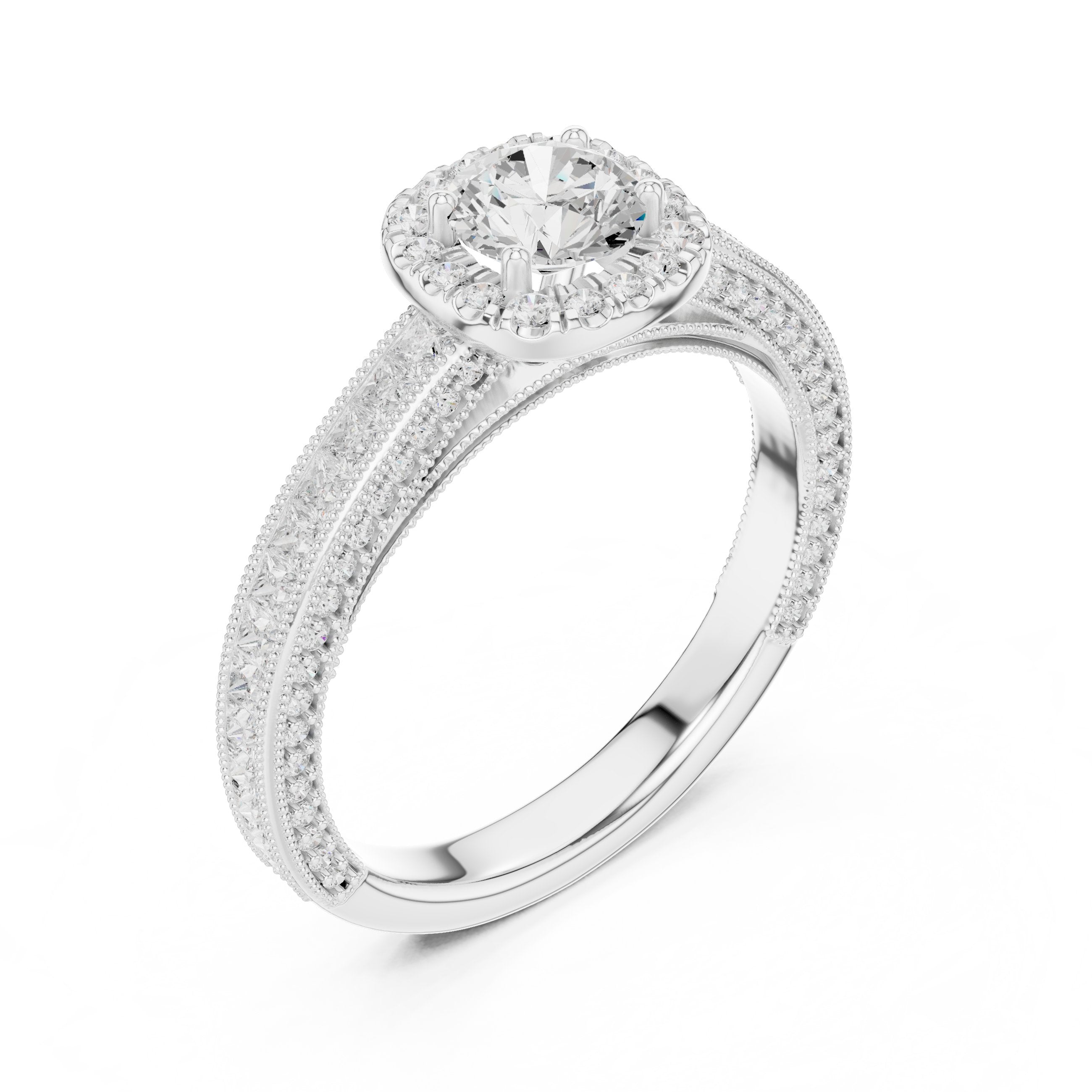 خاتم خطوبة ألماس مستدير بهالة وسادية وسوار بافيه قنوي بحافة ميلغرين in White Gold - VYKA Diamonds