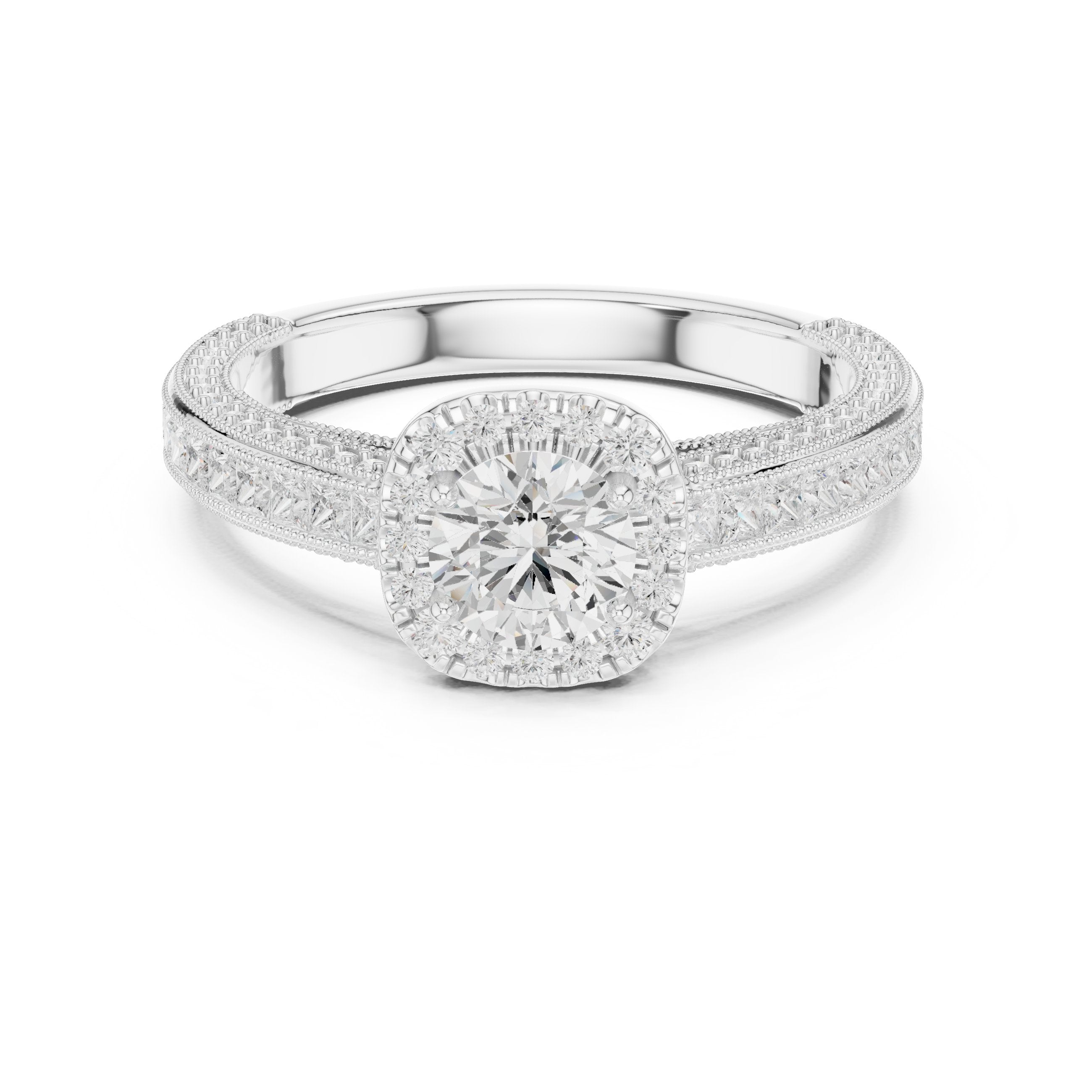 خاتم خطوبة ألماس مستدير بهالة وسادية وسوار بافيه قنوي بحافة ميلغرين in White Gold - VYKA Diamonds