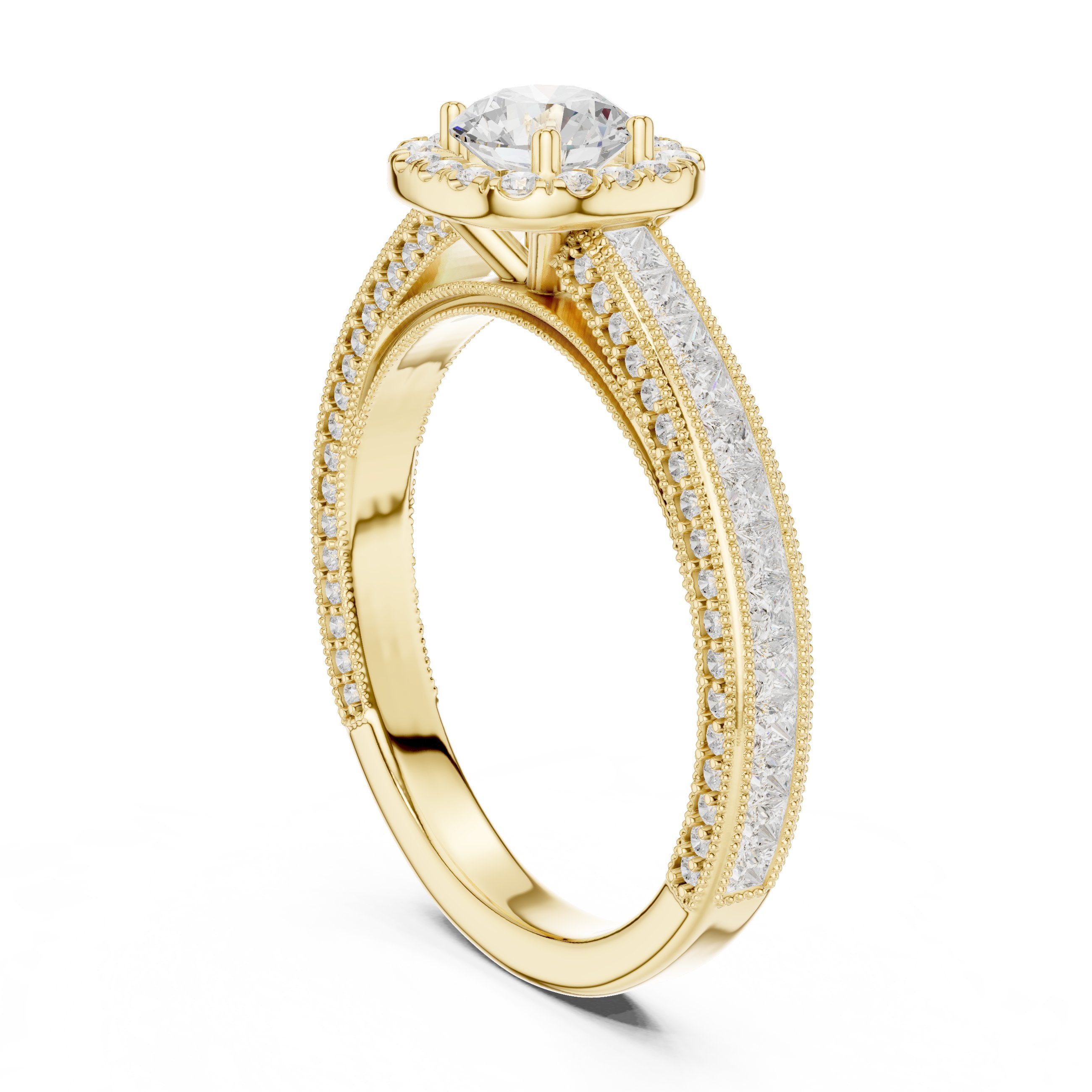 خاتم خطوبة ألماس مستدير بهالة وسادية وسوار بافيه قنوي بحافة ميلغرين in Yellow Gold - VYKA Diamonds
