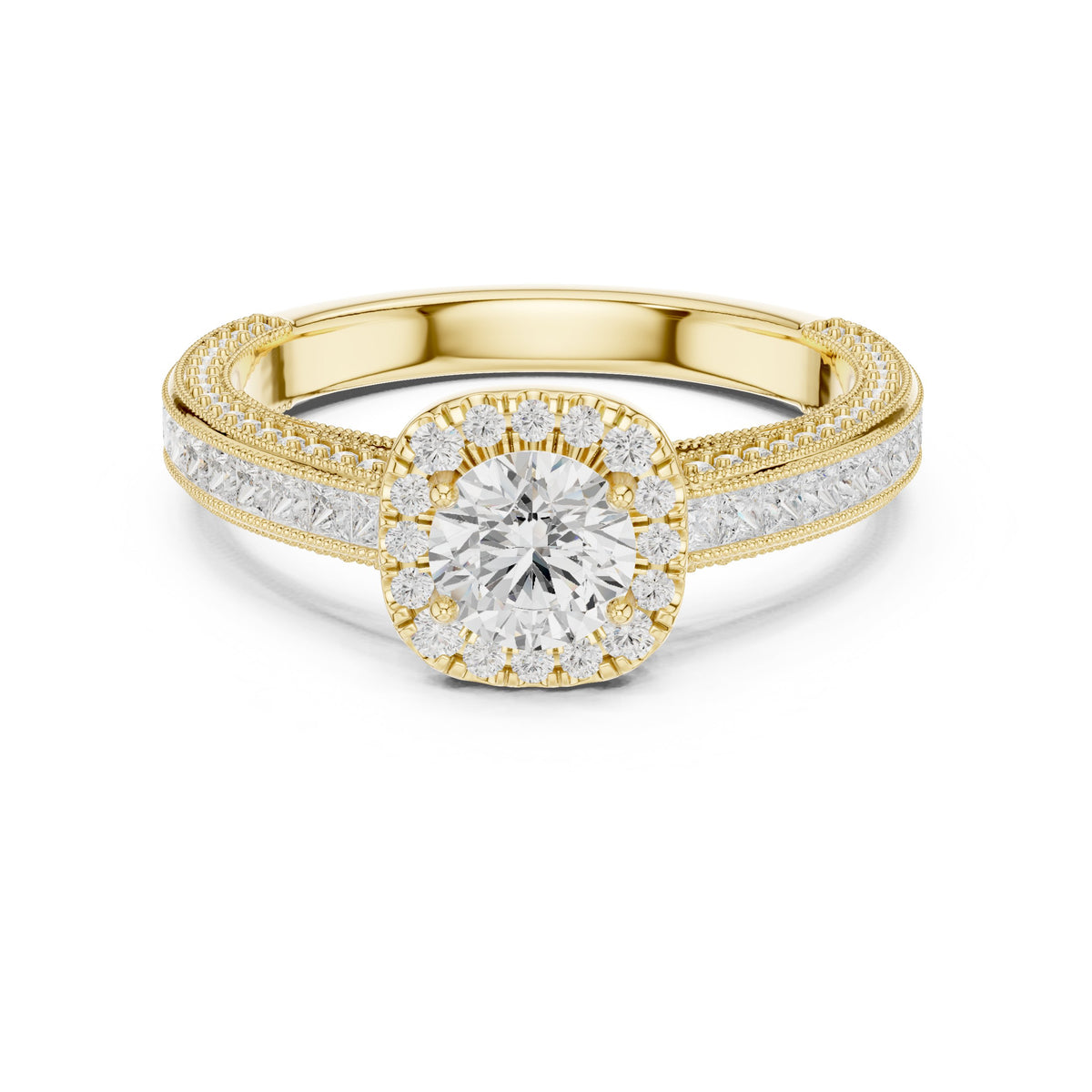 Round Diamond Cushion Halo Engagement Ring with Channel Set Pavé Band and Milgrain