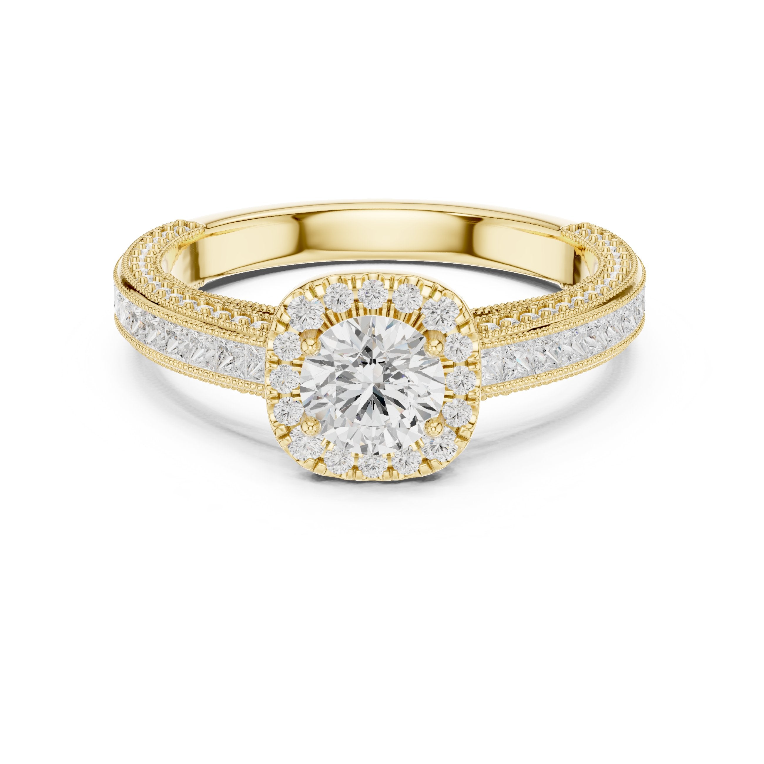 خاتم خطوبة ألماس مستدير بهالة وسادية وسوار بافيه قنوي بحافة ميلغرين in Yellow Gold - VYKA Diamonds