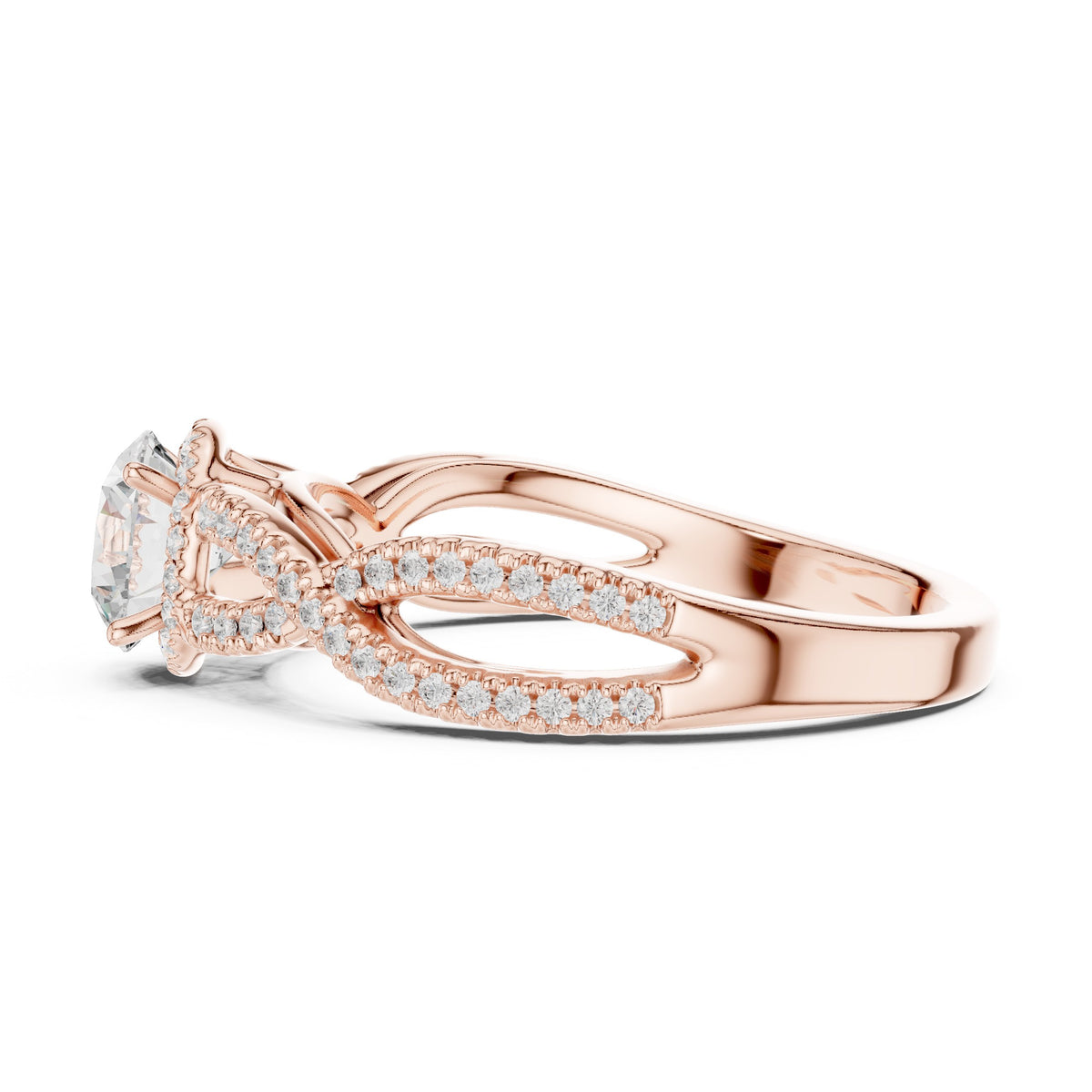 Round Diamond Double Halo Engagement Ring with Infinity Twist Pavé Band