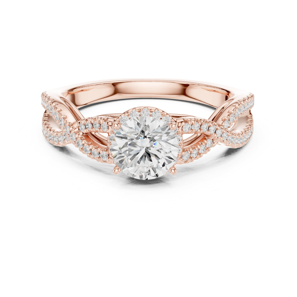 Round Diamond Double Halo Engagement Ring with Infinity Twist Pavé Band