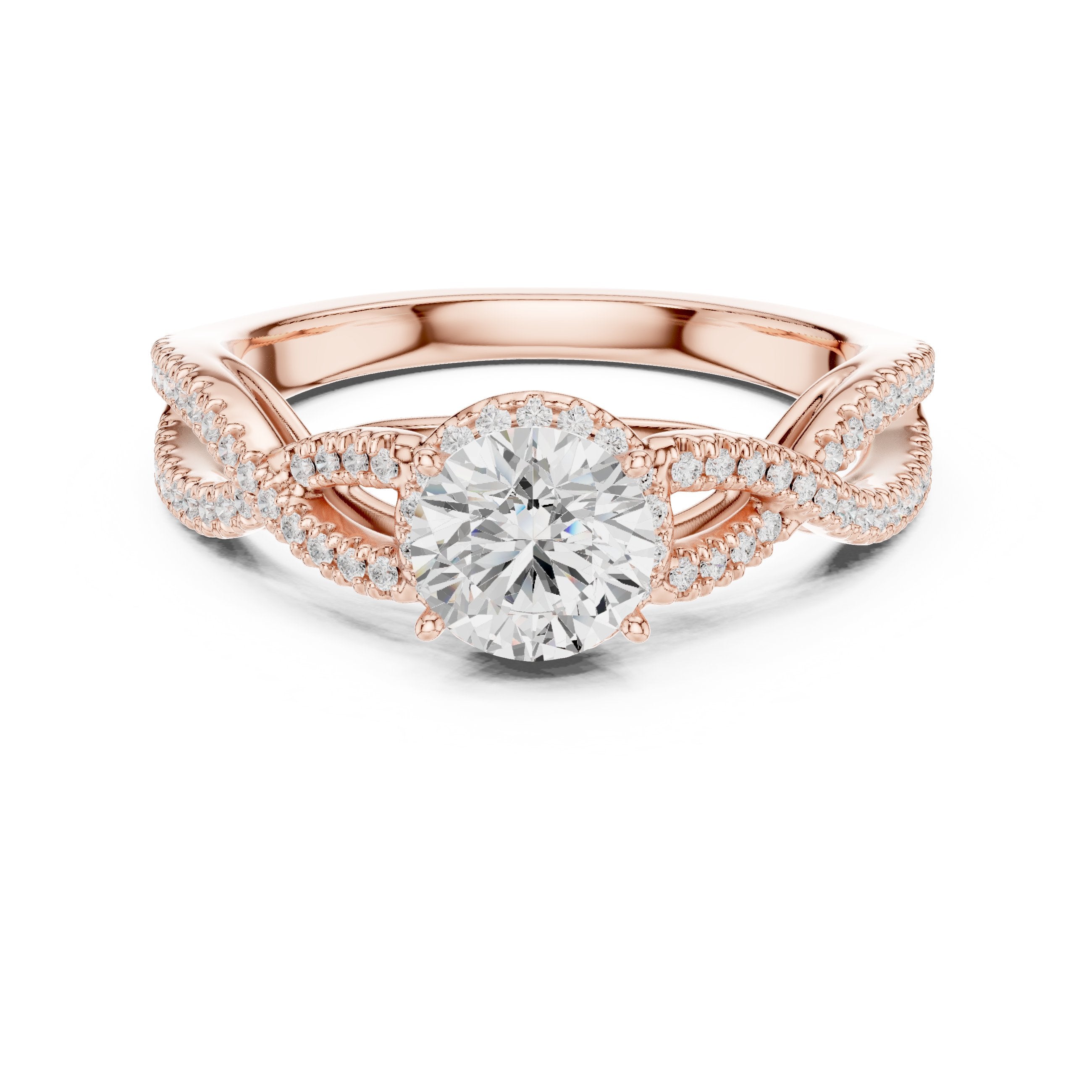 خاتم خطوبة ألماس مستدير بهالة مزدوجة وسوار إنفينيتي ملتوٍ بافيه in Rose Gold - VYKA Diamonds