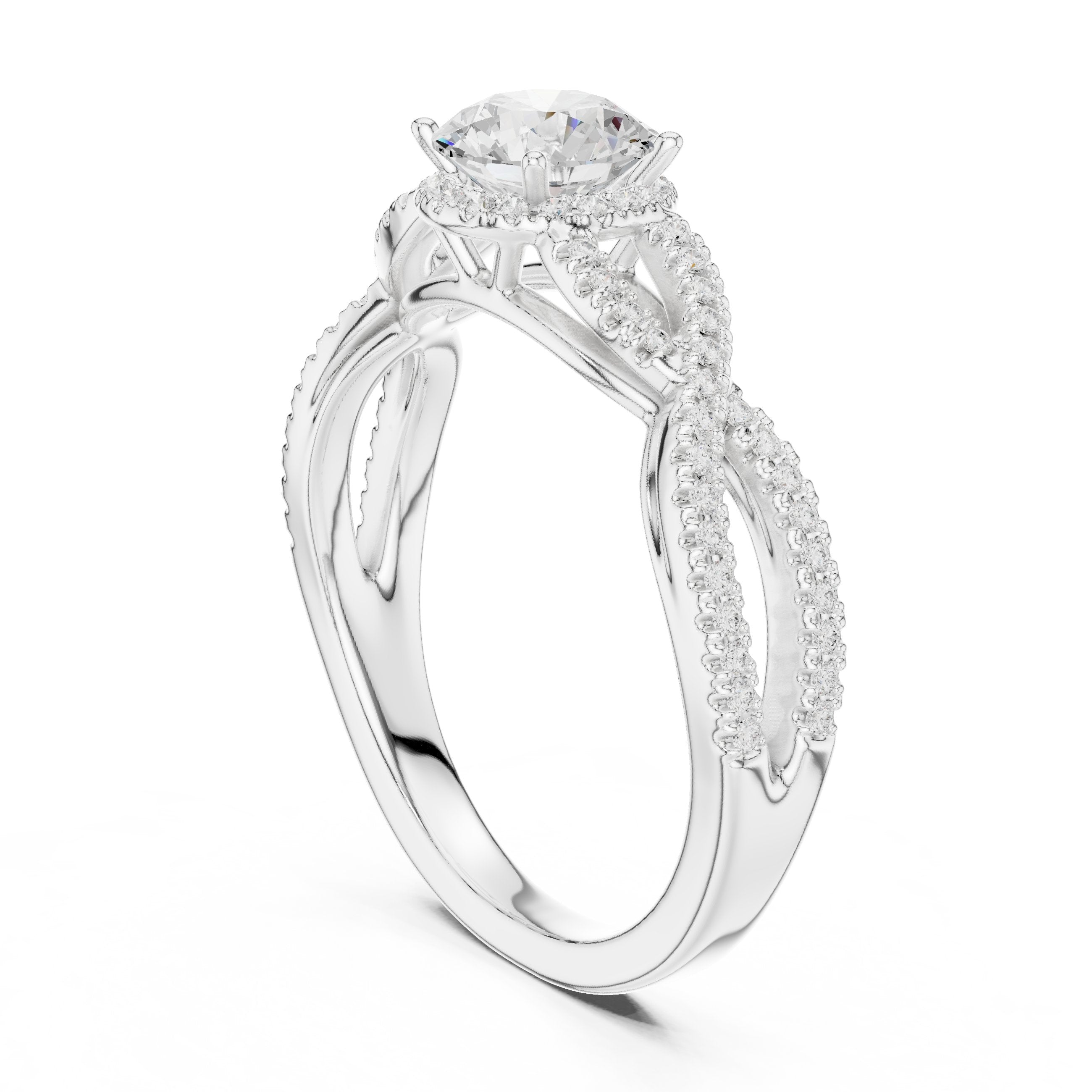 خاتم خطوبة ألماس مستدير بهالة مزدوجة وسوار إنفينيتي ملتوٍ بافيه in White Gold - VYKA Diamonds