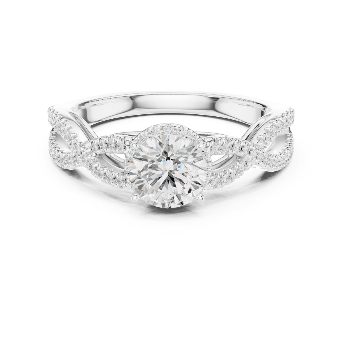 Round Diamond Double Halo Engagement Ring with Infinity Twist Pavé Band