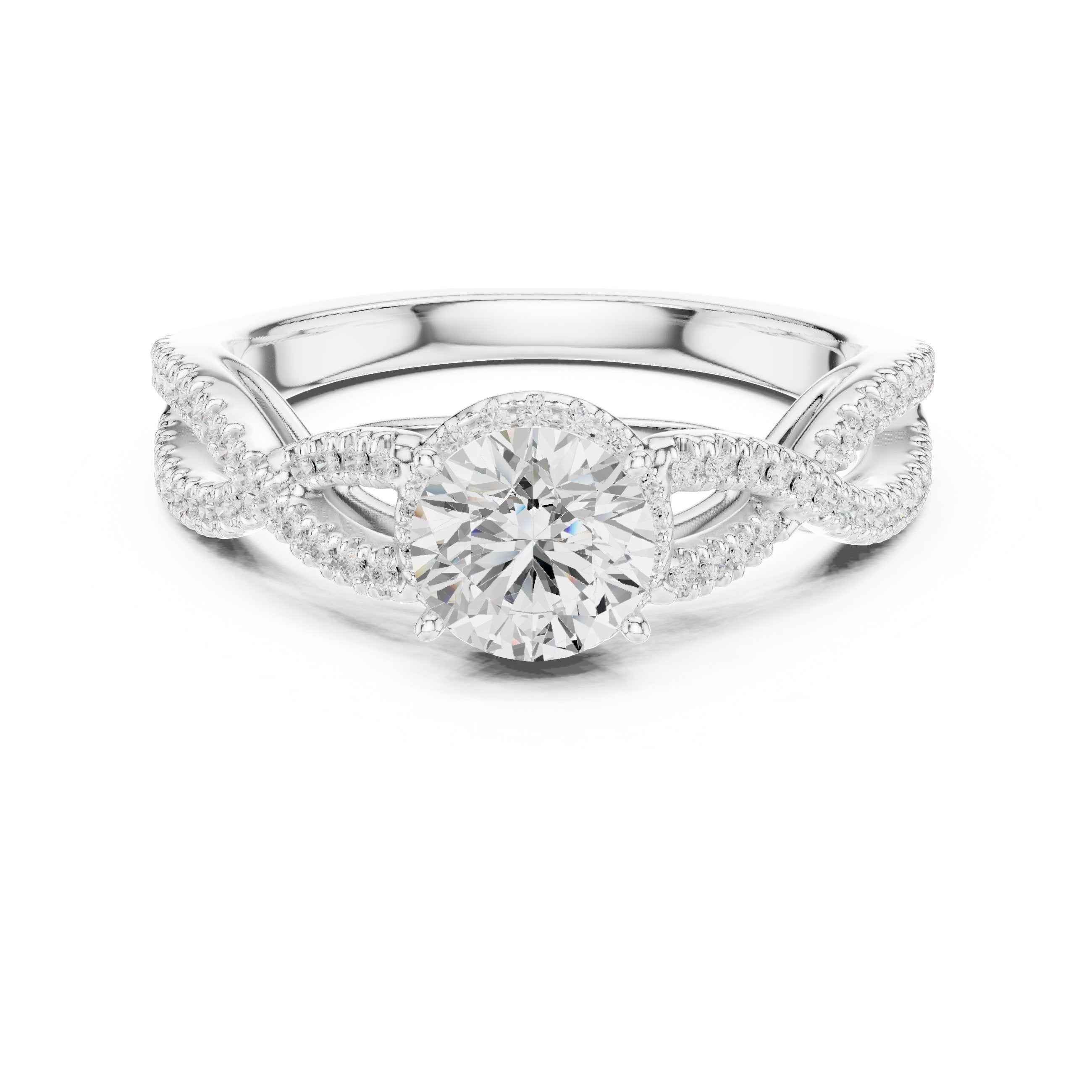خاتم خطوبة ألماس مستدير بهالة مزدوجة وسوار إنفينيتي ملتوٍ بافيه in White Gold - VYKA Diamonds