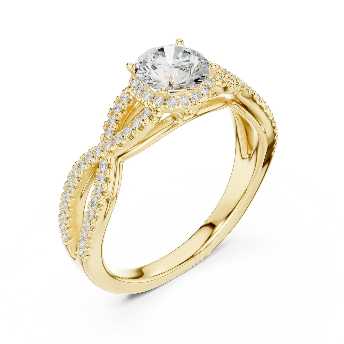 Round Diamond Double Halo Engagement Ring with Infinity Twist Pavé Band