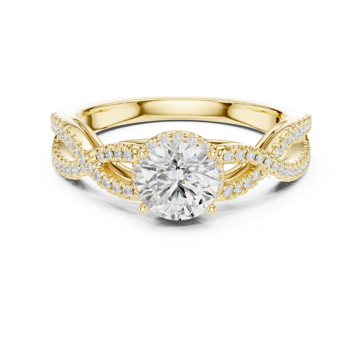 Round Diamond Double Halo Engagement Ring with Infinity Twist Pavé Band