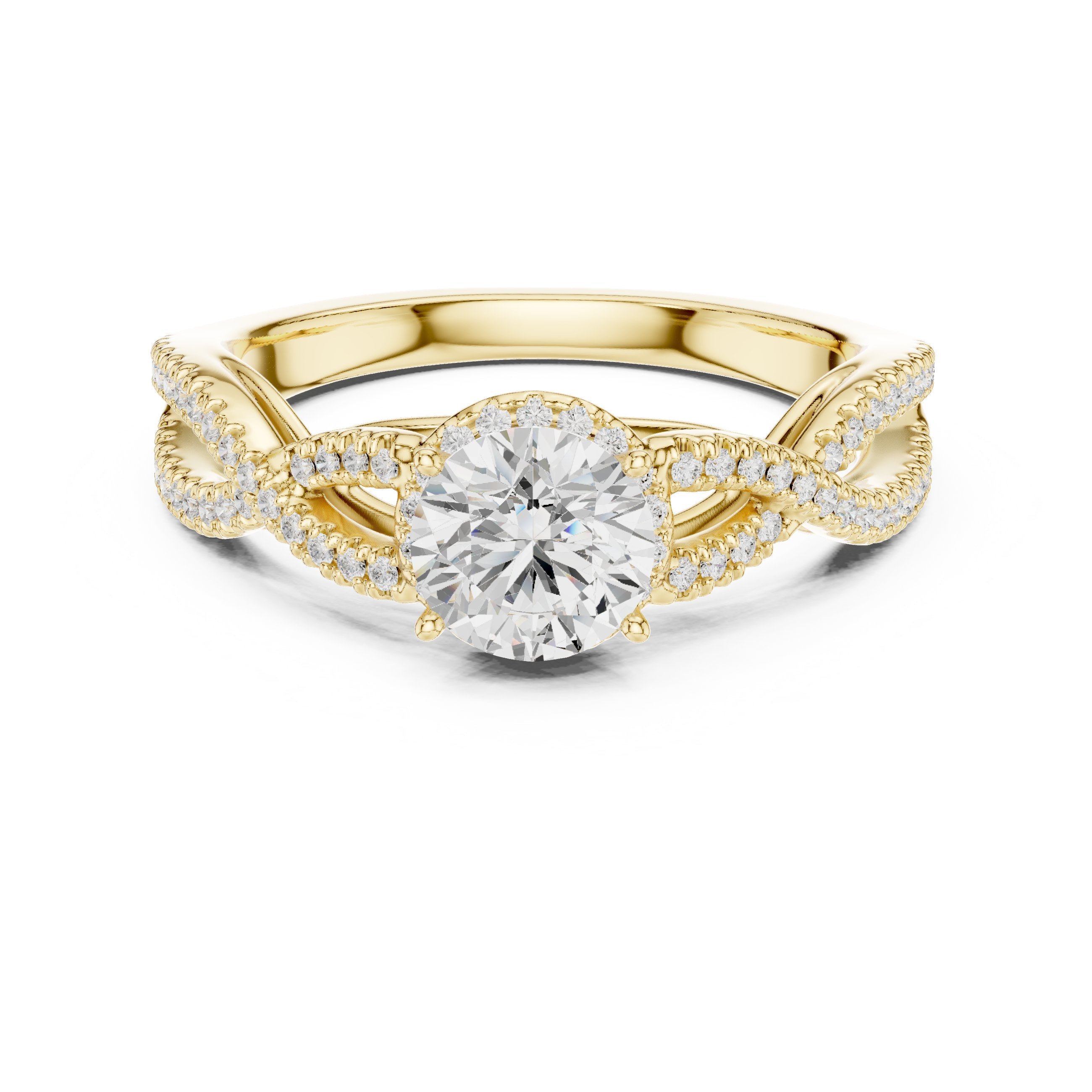 خاتم خطوبة ألماس مستدير بهالة مزدوجة وسوار إنفينيتي ملتوٍ بافيه in Yellow Gold - VYKA Diamonds