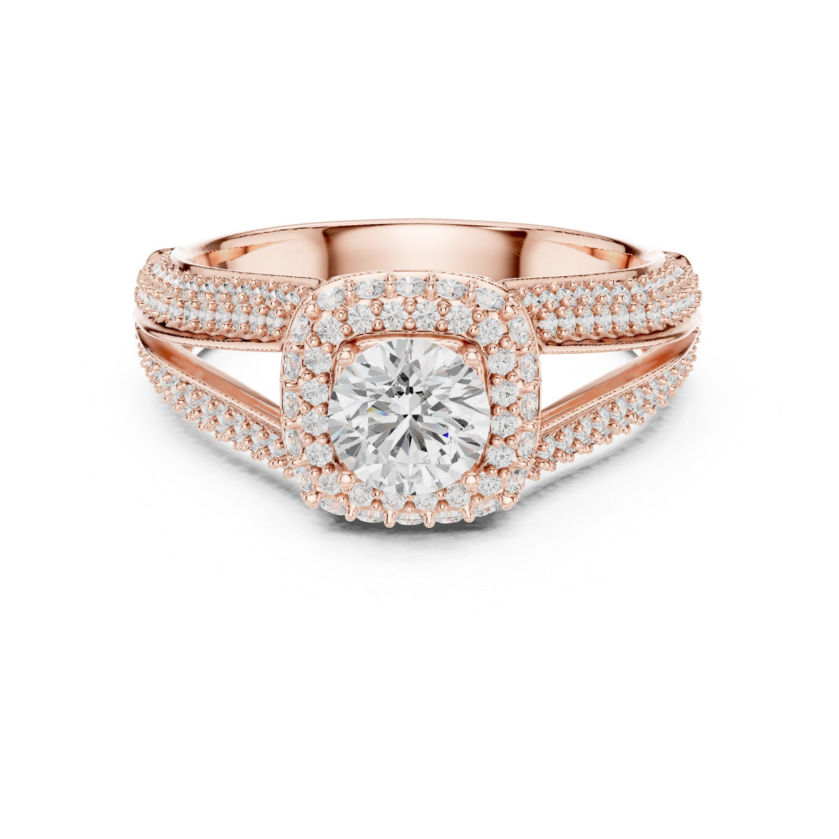Round Diamond Double Halo Engagement Ring with Multi-Row Pavé Split Shank