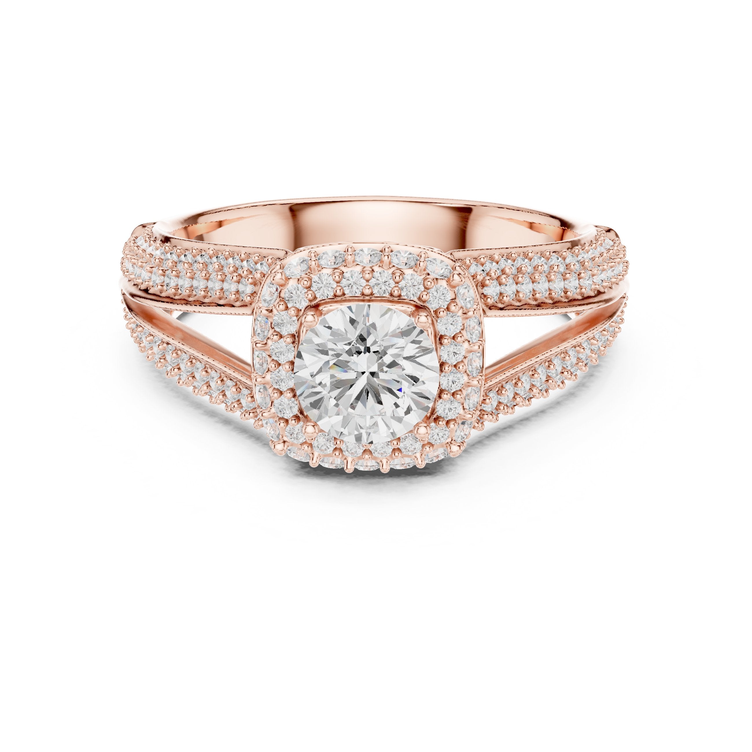 Round Diamond Double Halo Engagement Ring with Multi-Row Pavé Split Shank in Rose Gold - VYKA Diamonds