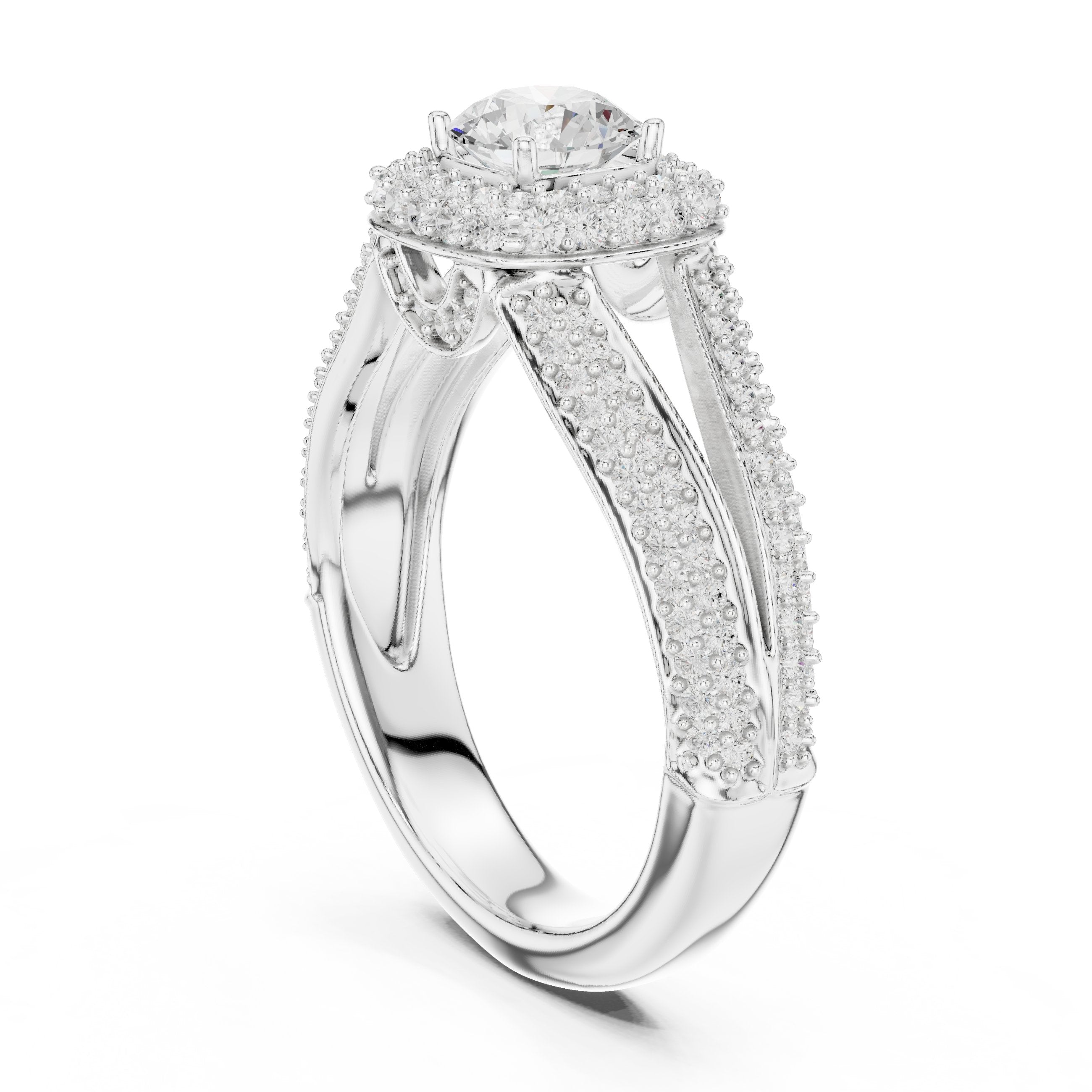 Round Diamond Double Halo Engagement Ring with Multi-Row Pavé Split Shank in White Gold - VYKA Diamonds