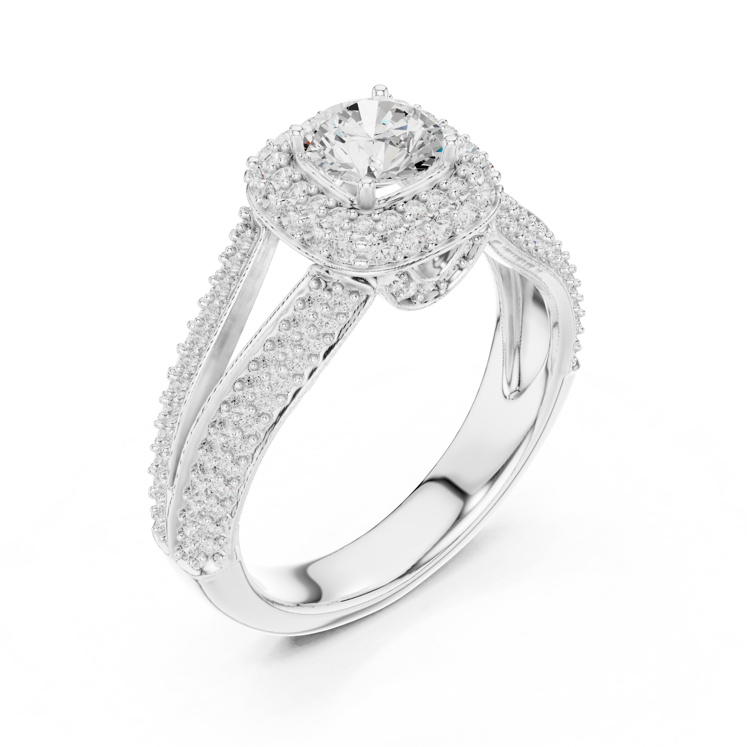 Round Diamond Double Halo Engagement Ring with Multi-Row Pavé Split Shank in White Gold - VYKA Diamonds