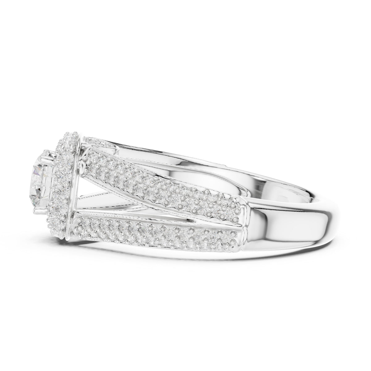 Round Diamond Double Halo Engagement Ring with Multi-Row Pavé Split Shank