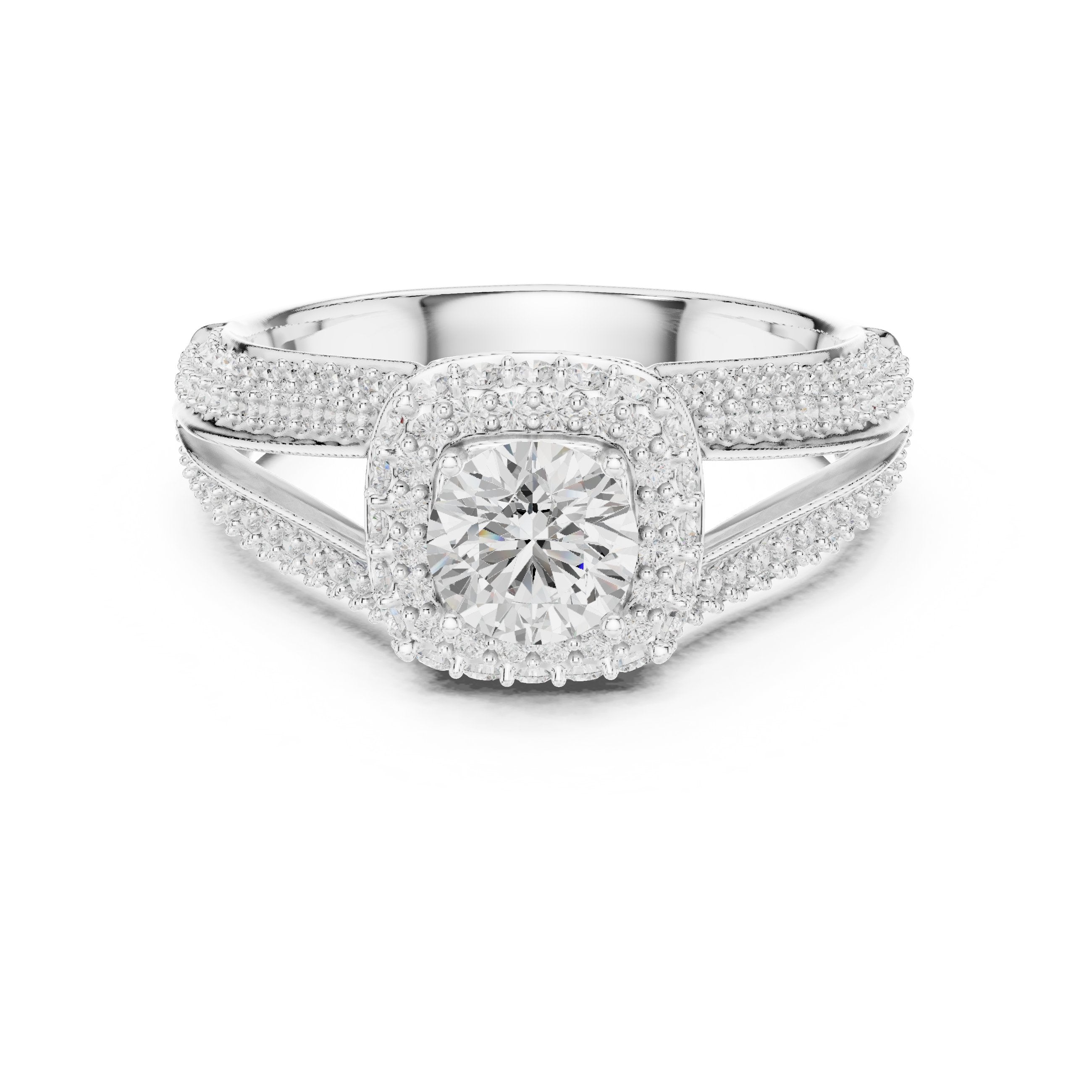 Round Diamond Double Halo Engagement Ring with Multi-Row Pavé Split Shank in White Gold - VYKA Diamonds