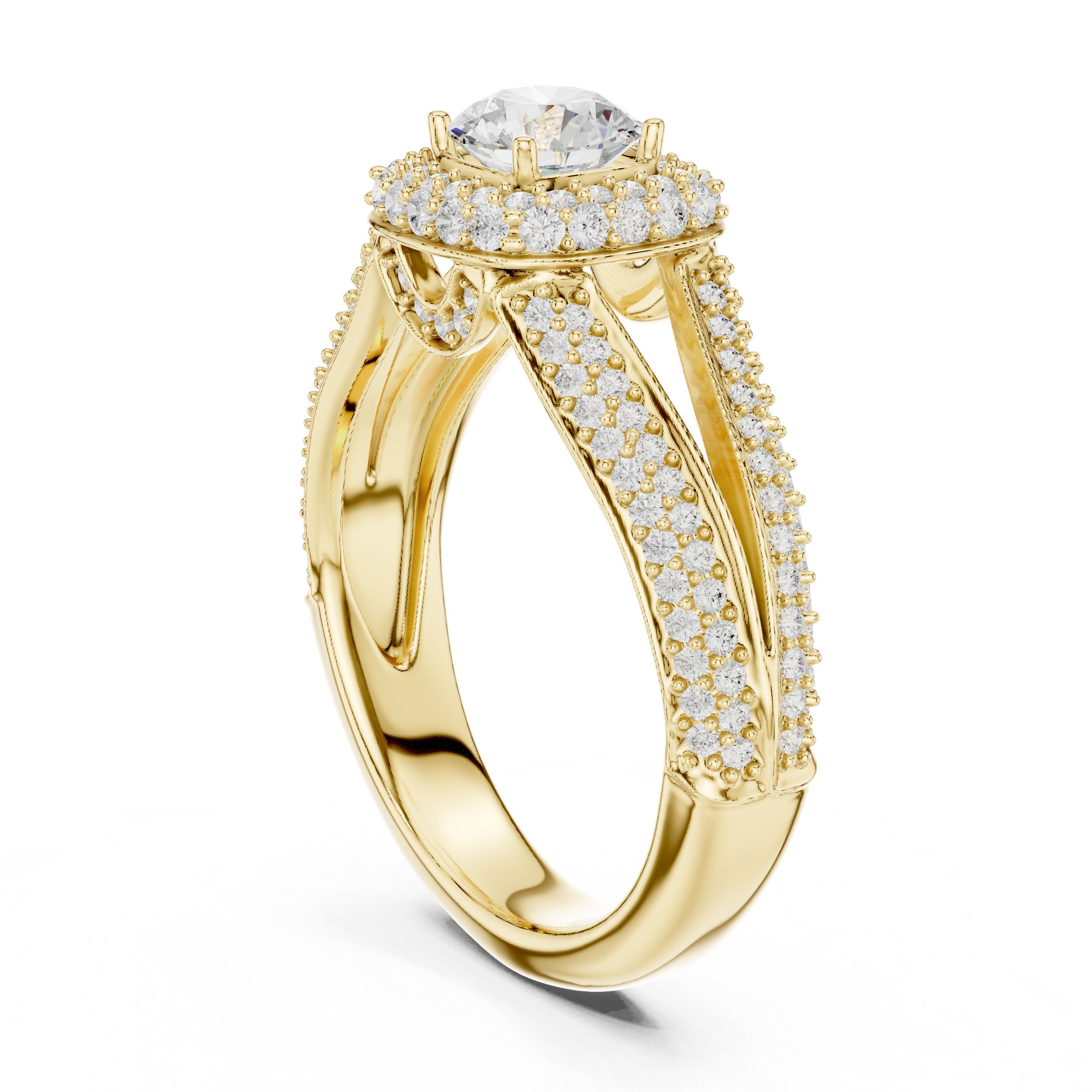 Round Diamond Double Halo Engagement Ring with Multi-Row Pavé Split Shank in Yellow Gold - VYKA Diamonds