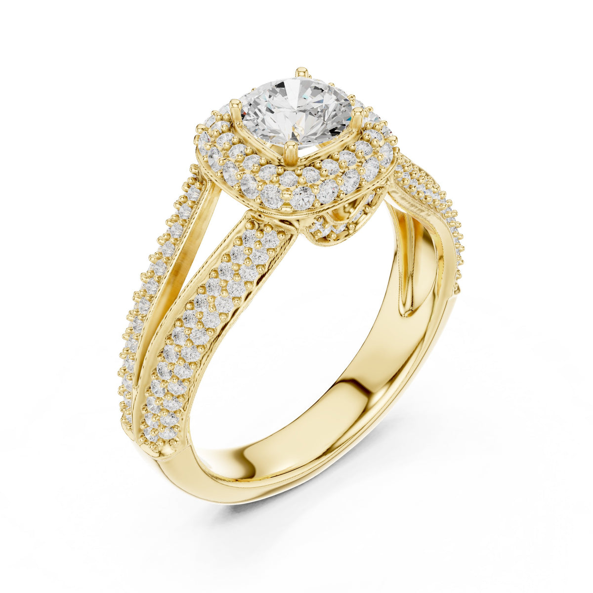 Round Diamond Double Halo Engagement Ring with Multi-Row Pavé Split Shank