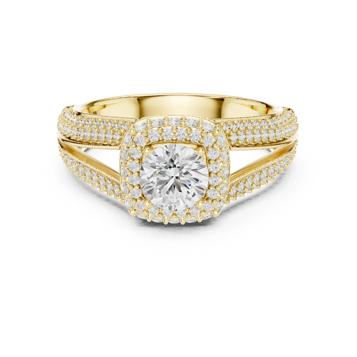 Round Diamond Double Halo Engagement Ring with Multi-Row Pavé Split Shank
