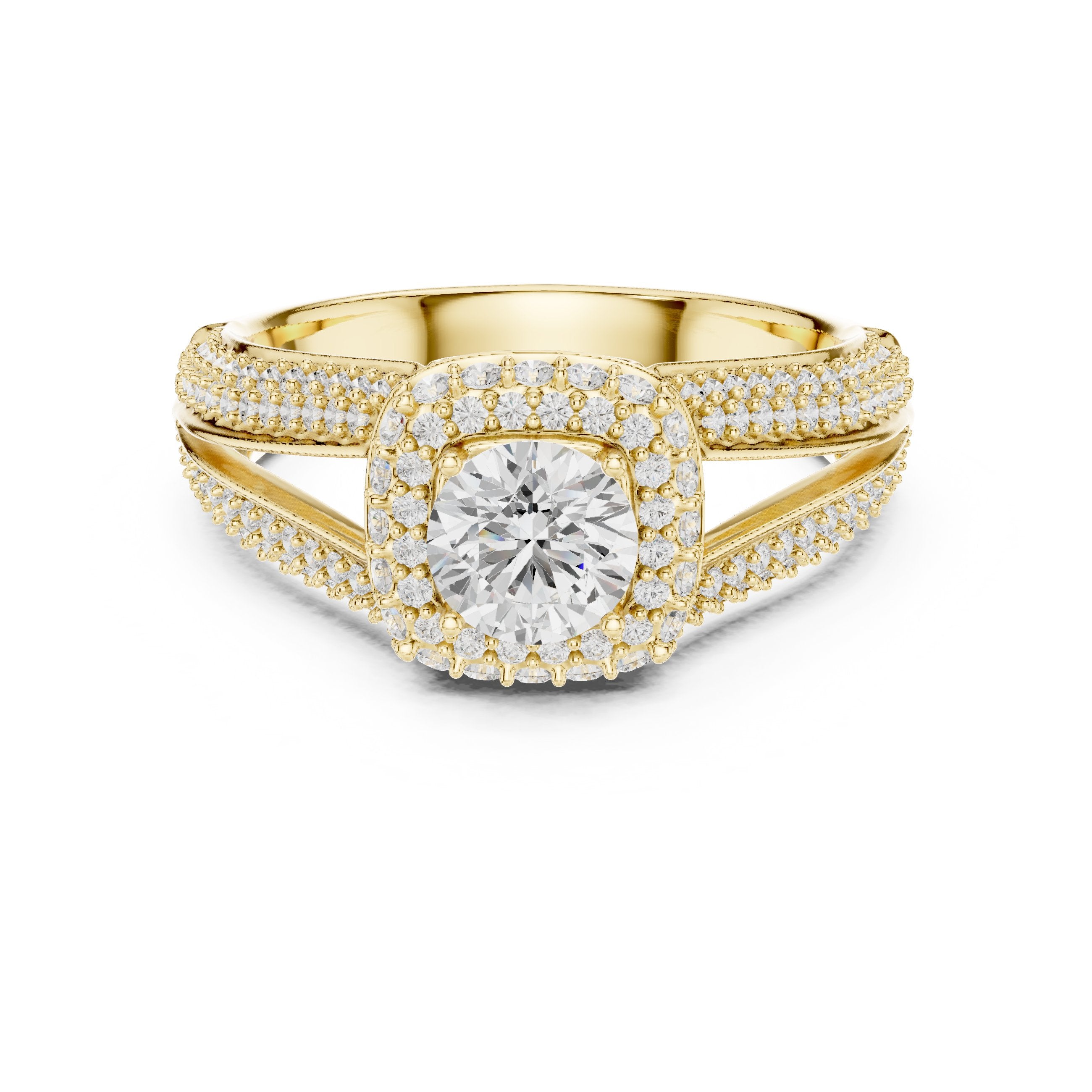 Round Diamond Double Halo Engagement Ring with Multi-Row Pavé Split Shank in Yellow Gold - VYKA Diamonds