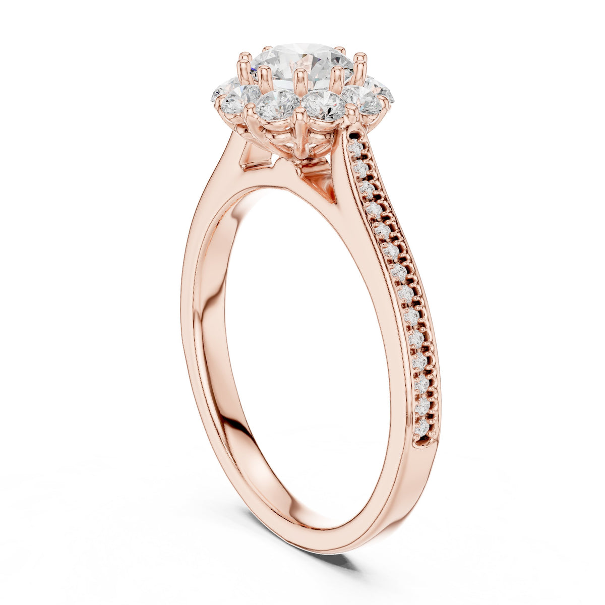 Round Diamond Flower Halo Engagement Ring with Edge Pavé Band