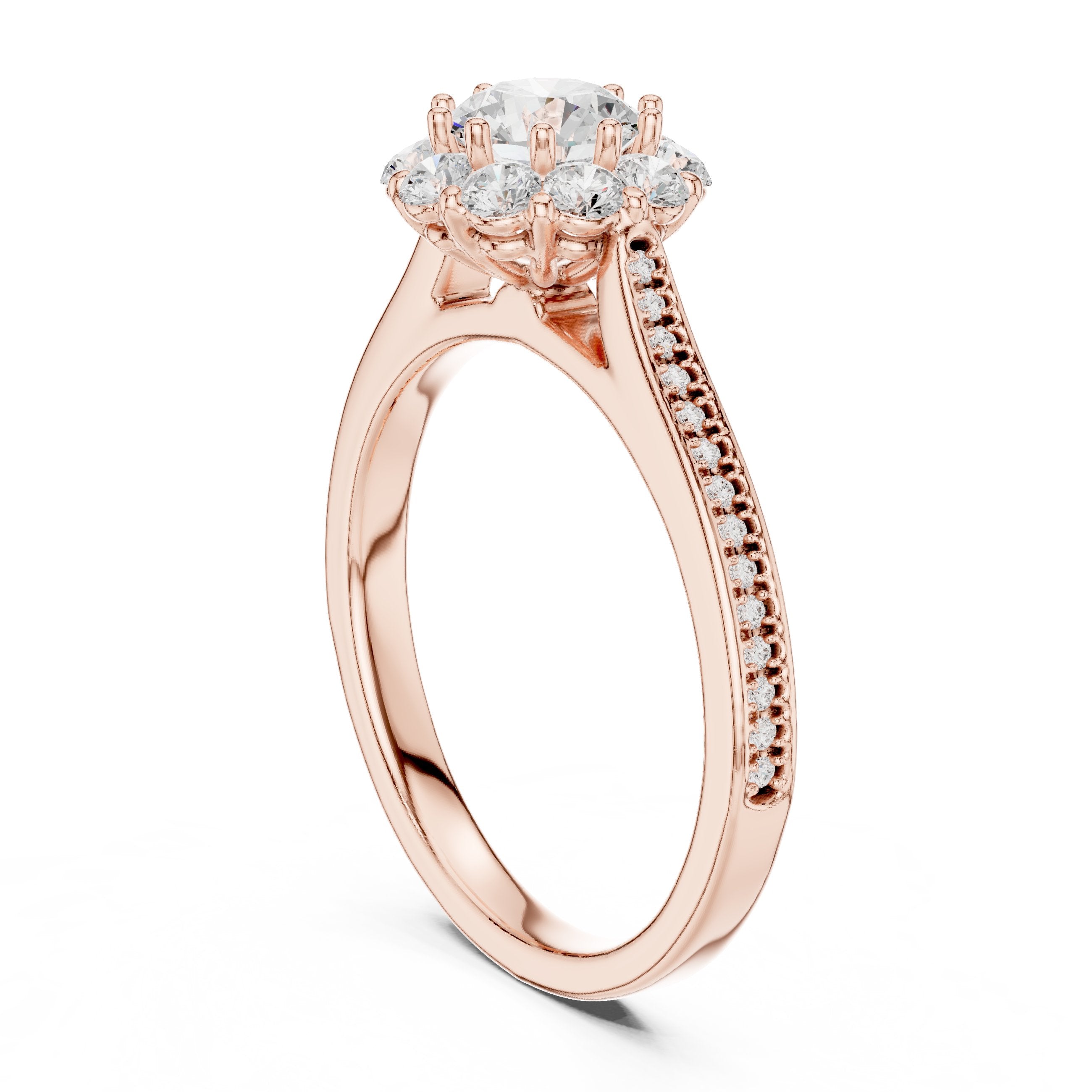 Round Diamond Flower Halo Engagement Ring with Edge Pavé Band in Rose Gold - VYKA Diamonds