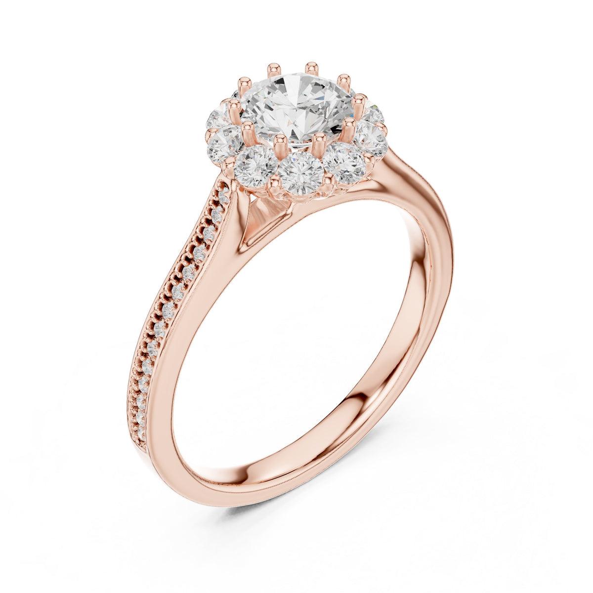 Round Diamond Flower Halo Engagement Ring with Edge Pavé Band