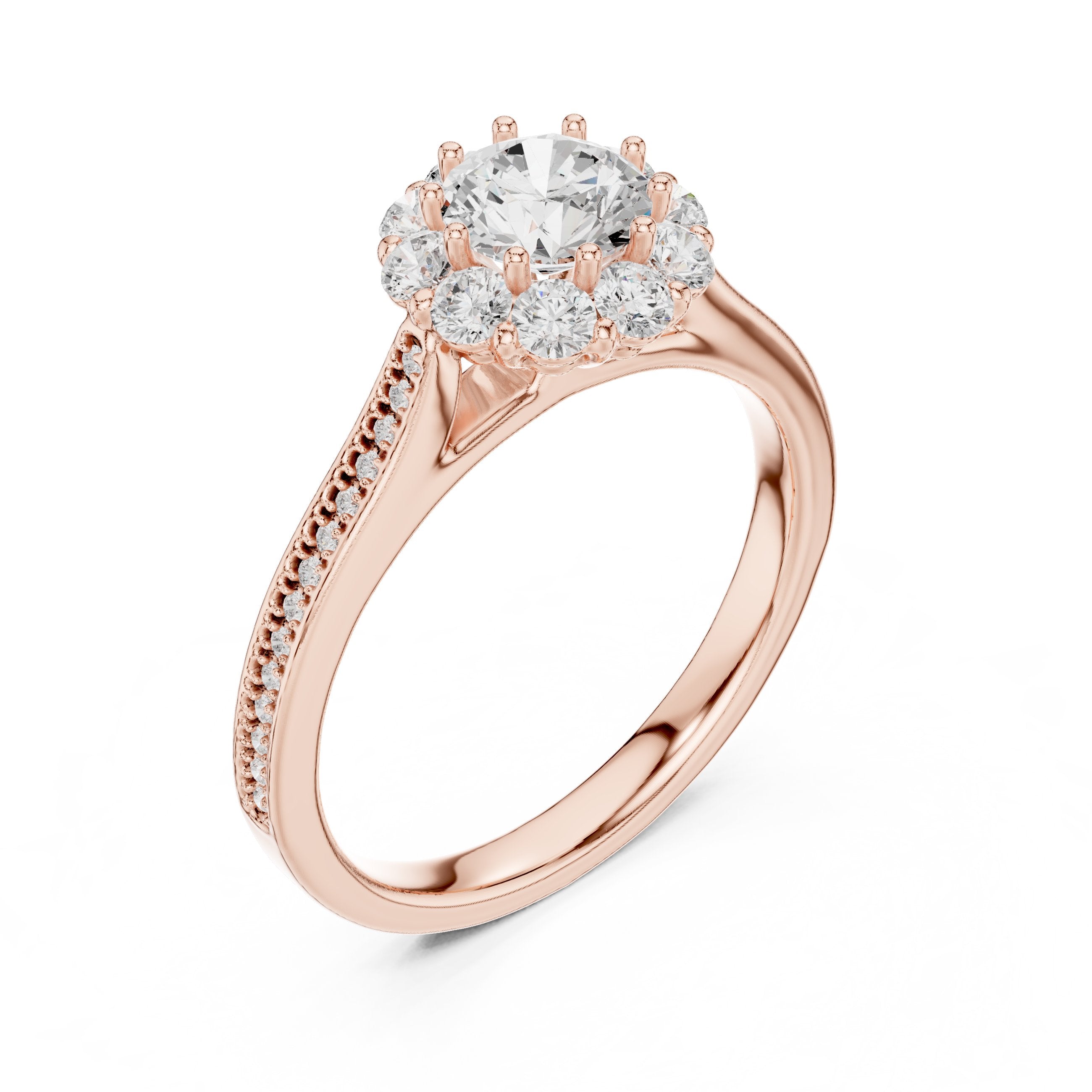 Round Diamond Flower Halo Engagement Ring with Edge Pavé Band in Rose Gold - VYKA Diamonds