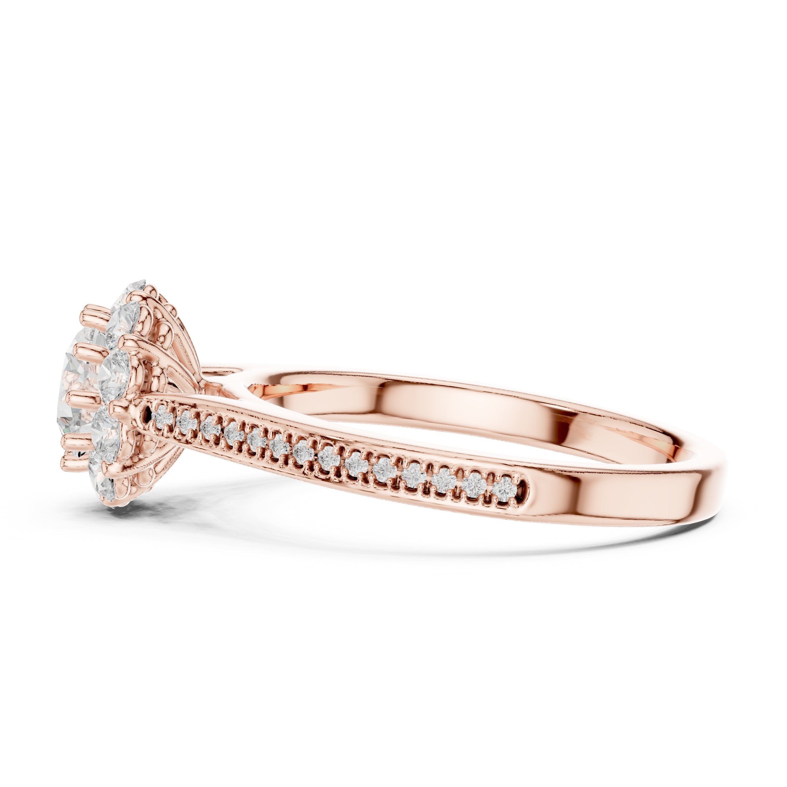 Round Diamond Flower Halo Engagement Ring with Edge Pavé Band in Rose Gold - VYKA Diamonds