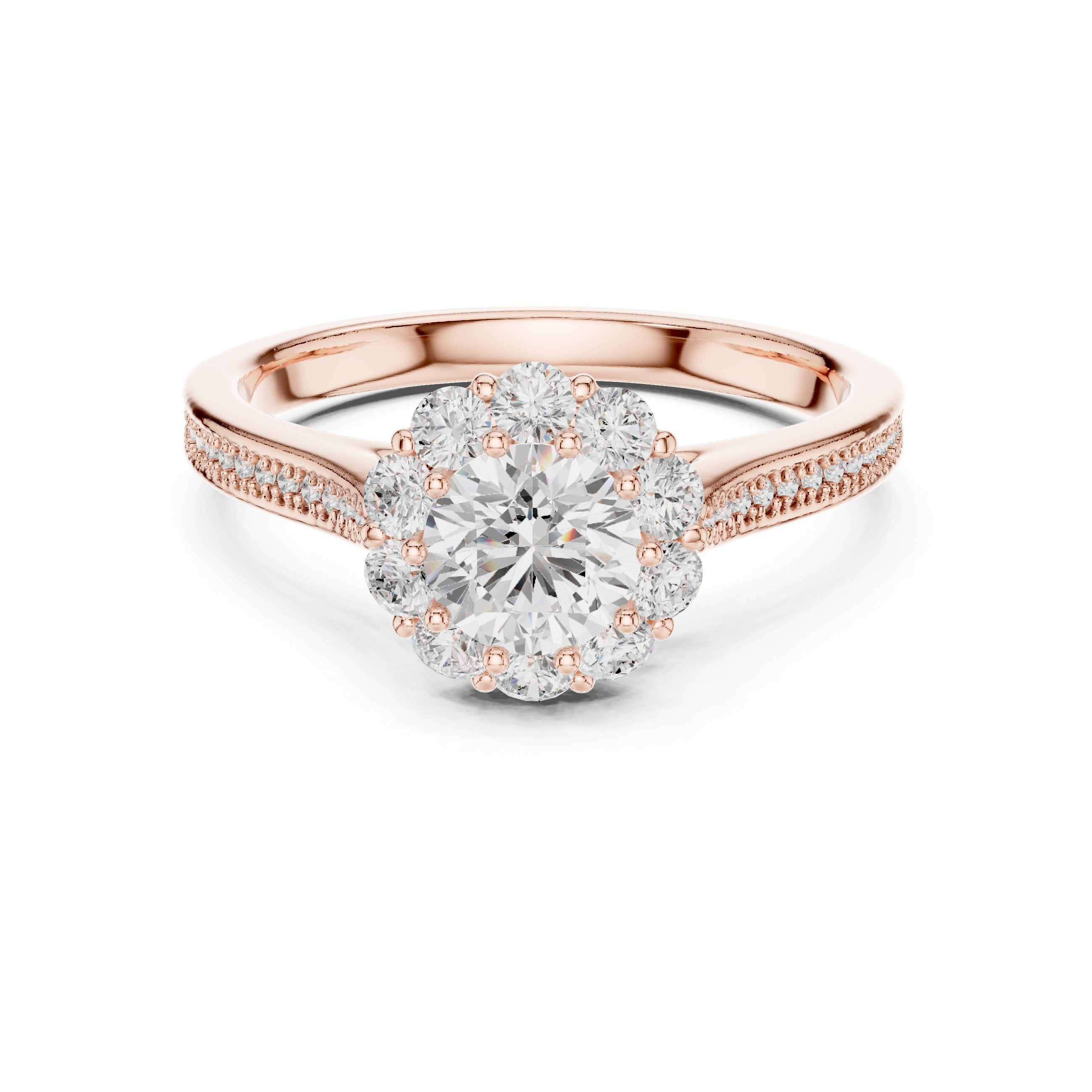 Round Diamond Flower Halo Engagement Ring with Edge Pavé Band in Rose Gold - VYKA Diamonds
