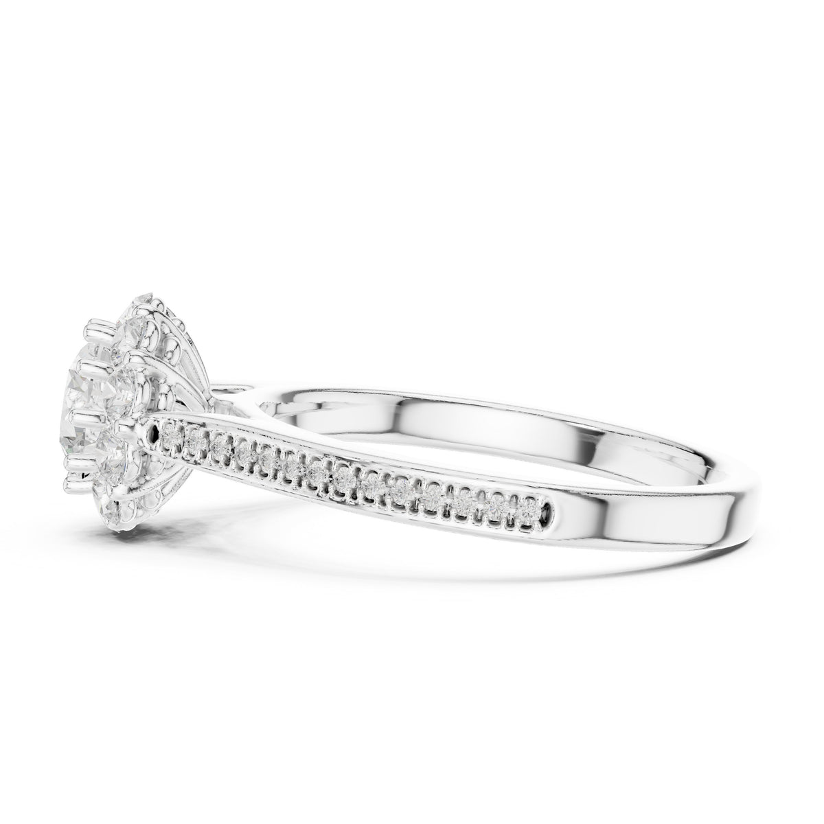 Round Diamond Flower Halo Engagement Ring with Edge Pavé Band